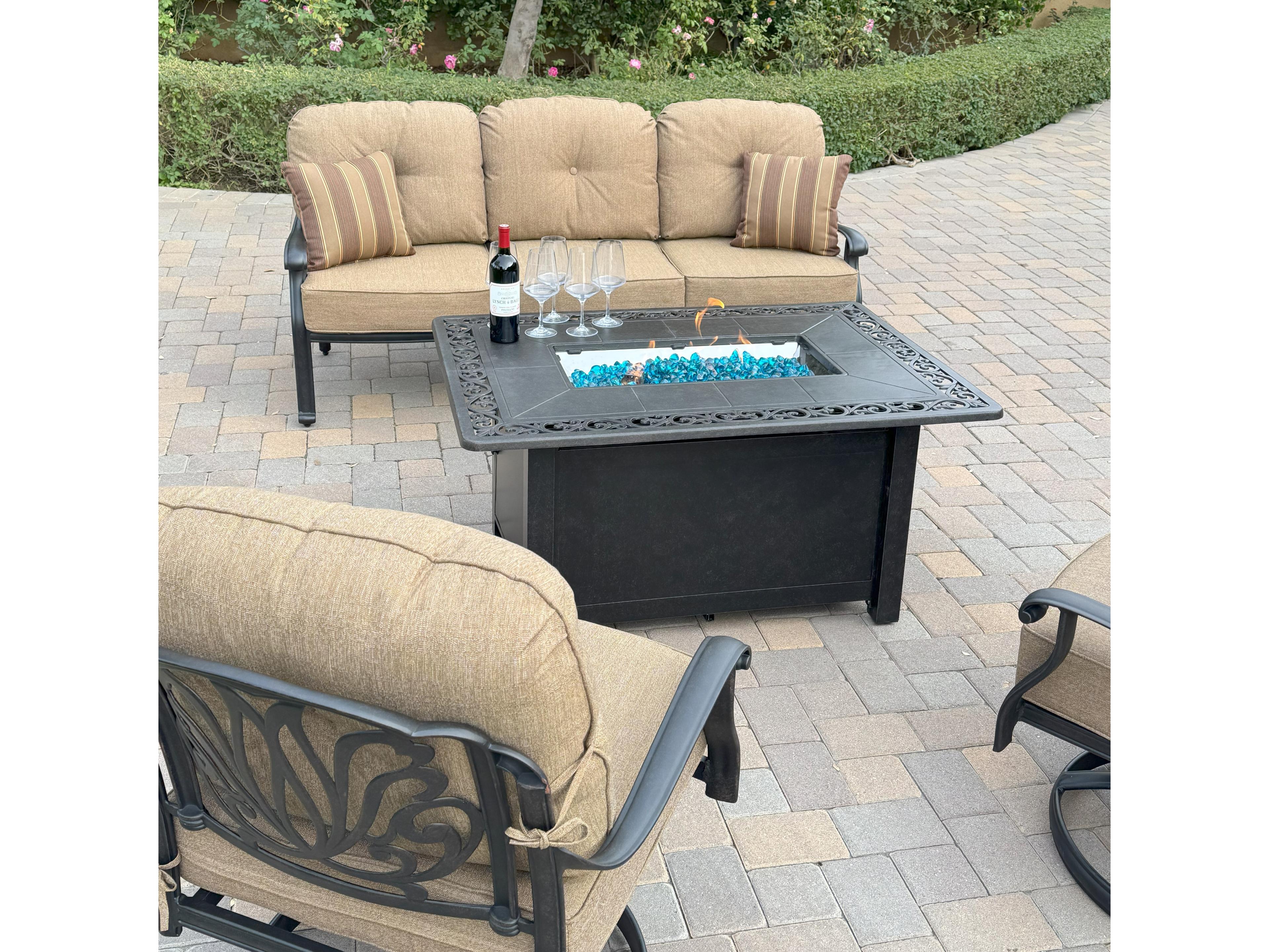 Darlee Outdoor Living Elisabeth Cast Aluminum 4-Piece Conversation Set with 49" x 35" Rectangular Fire Pit Chat Table