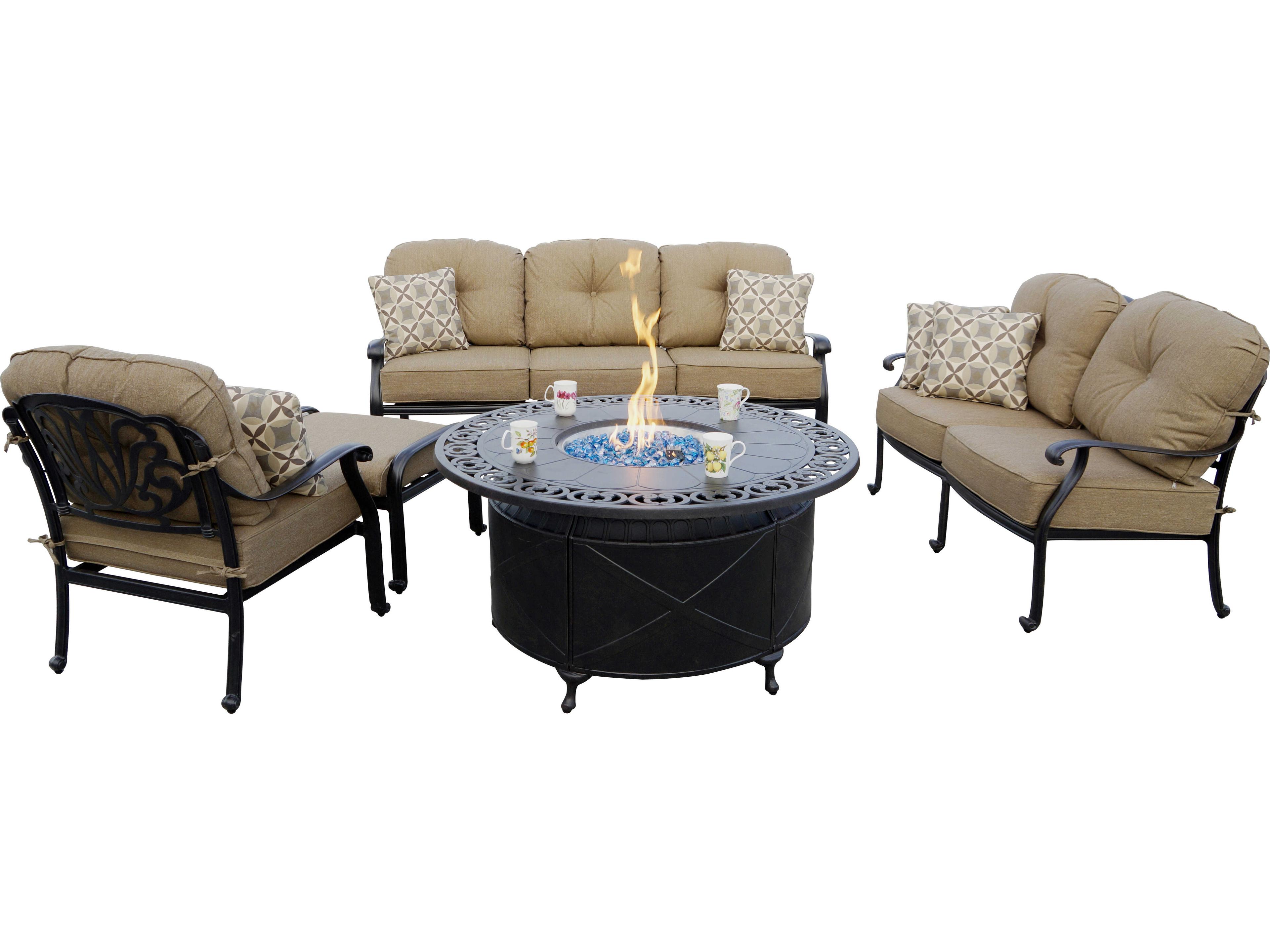 Darlee Outdoor Living Elisabeth Cast Aluminum Antique Bronze 5 Piece Fire Pit Deep Seating Lounge Set