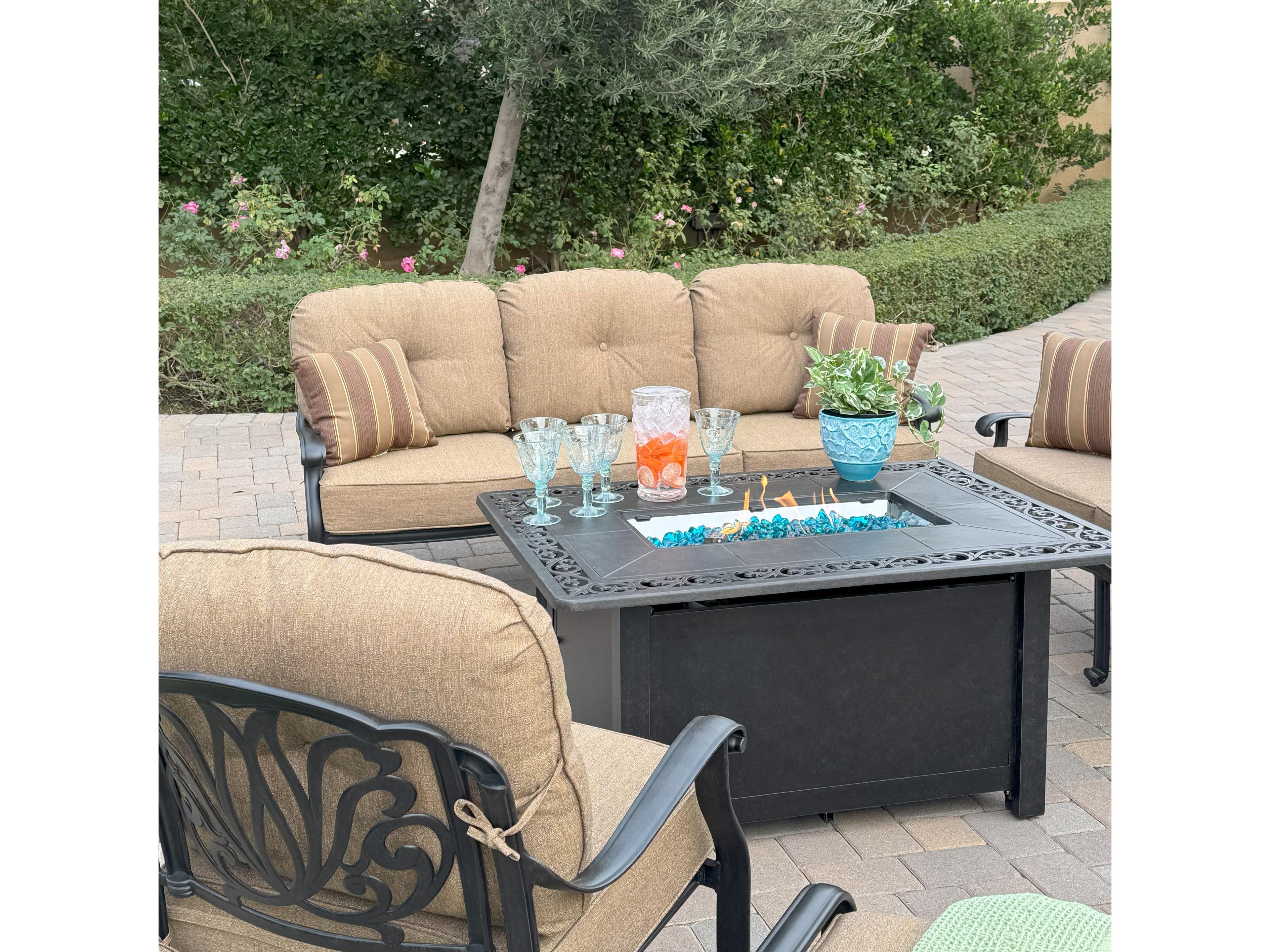 Darlee Outdoor Living Elisabeth Cast Aluminum 5-Piece Conversation Set with 49" x 35" Rectangular Fire Pit Chat Table