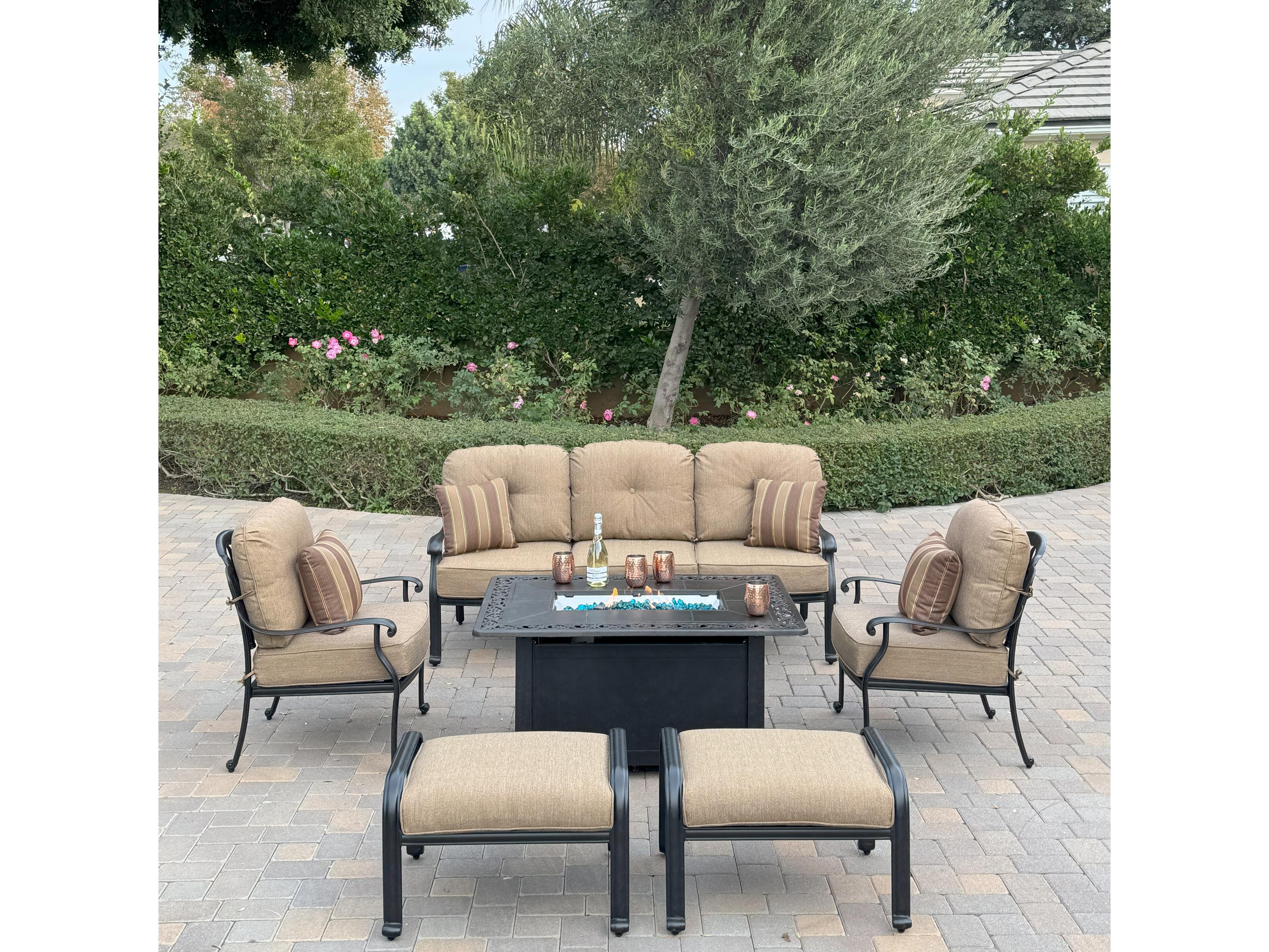 Darlee Outdoor Living Elisabeth Cast Aluminum 6-Piece Conversation Set with 49" x 35" Rectangular Fire Pit Chat Table