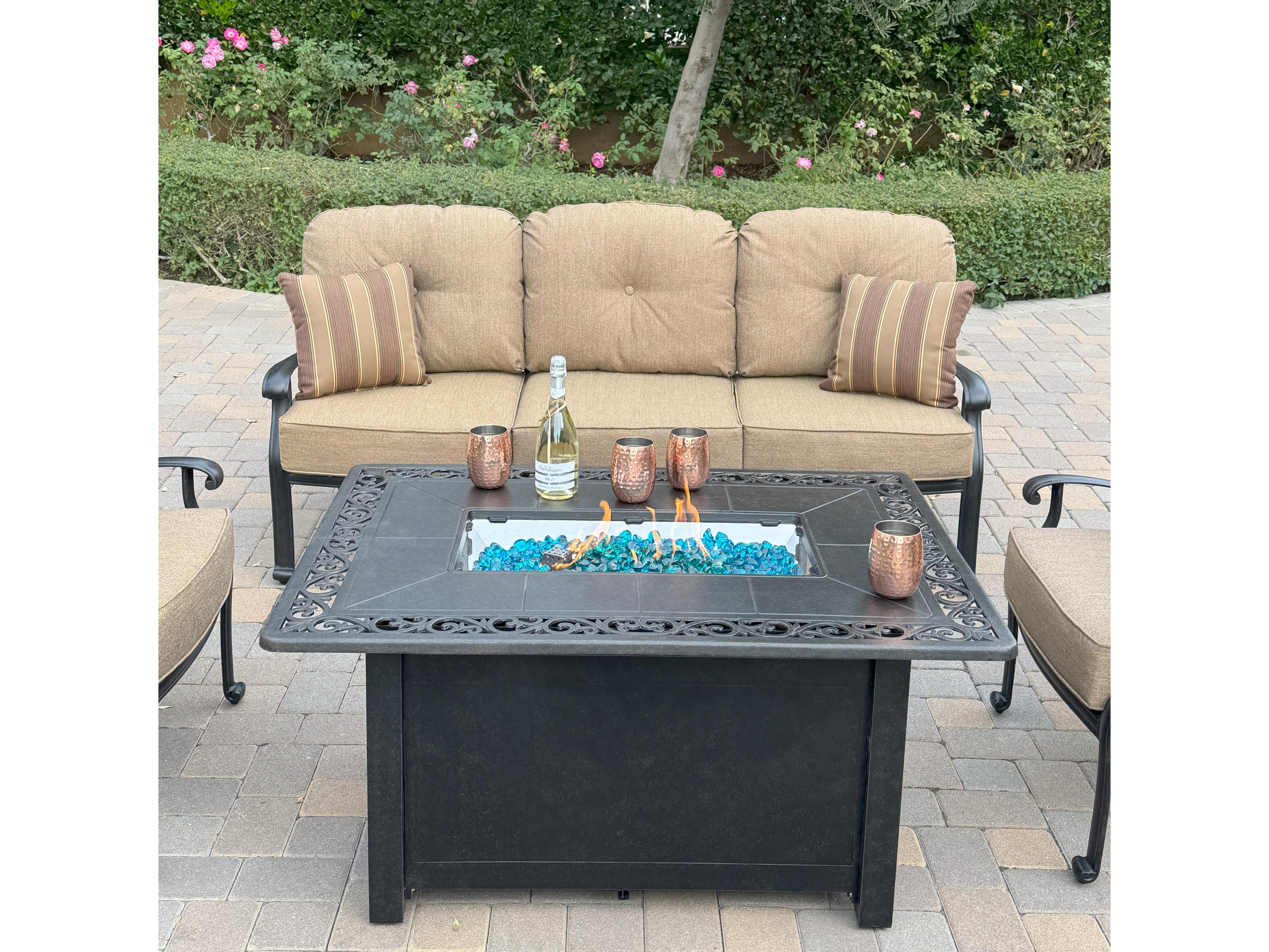Darlee Outdoor Living Elisabeth Cast Aluminum 6-Piece Conversation Set with 49" x 35" Rectangular Fire Pit Chat Table