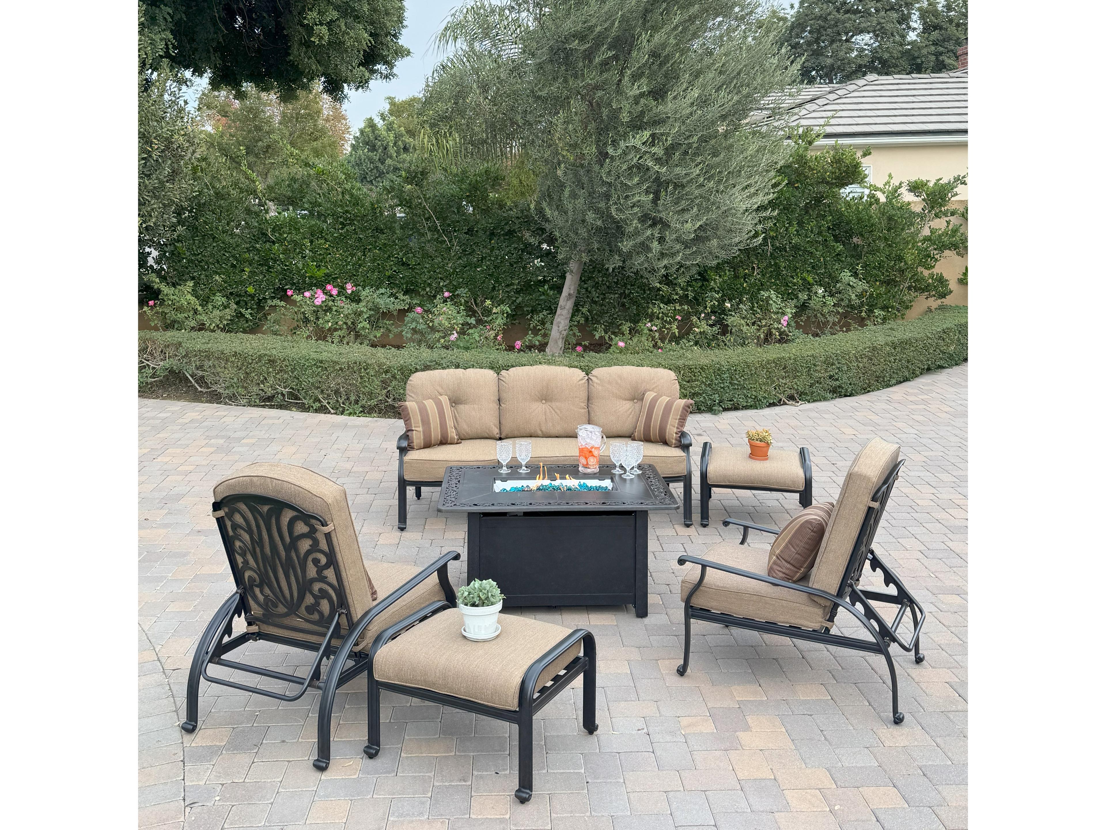 Darlee Outdoor Living Elisabeth Cast Aluminum 6-Piece Conversation Set with 49" x 35" Rectangular Fire Pit Chat Table