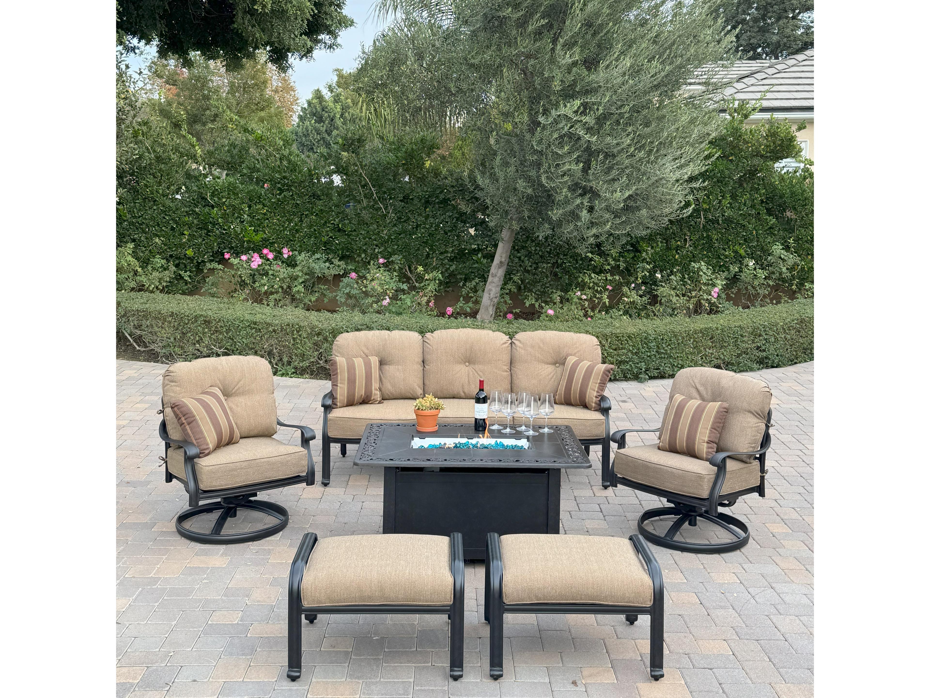 Darlee Outdoor Living Elisabeth Cast Aluminum 6-Piece Conversation Set with 49" x 35" Rectangular Fire Pit Chat Table
