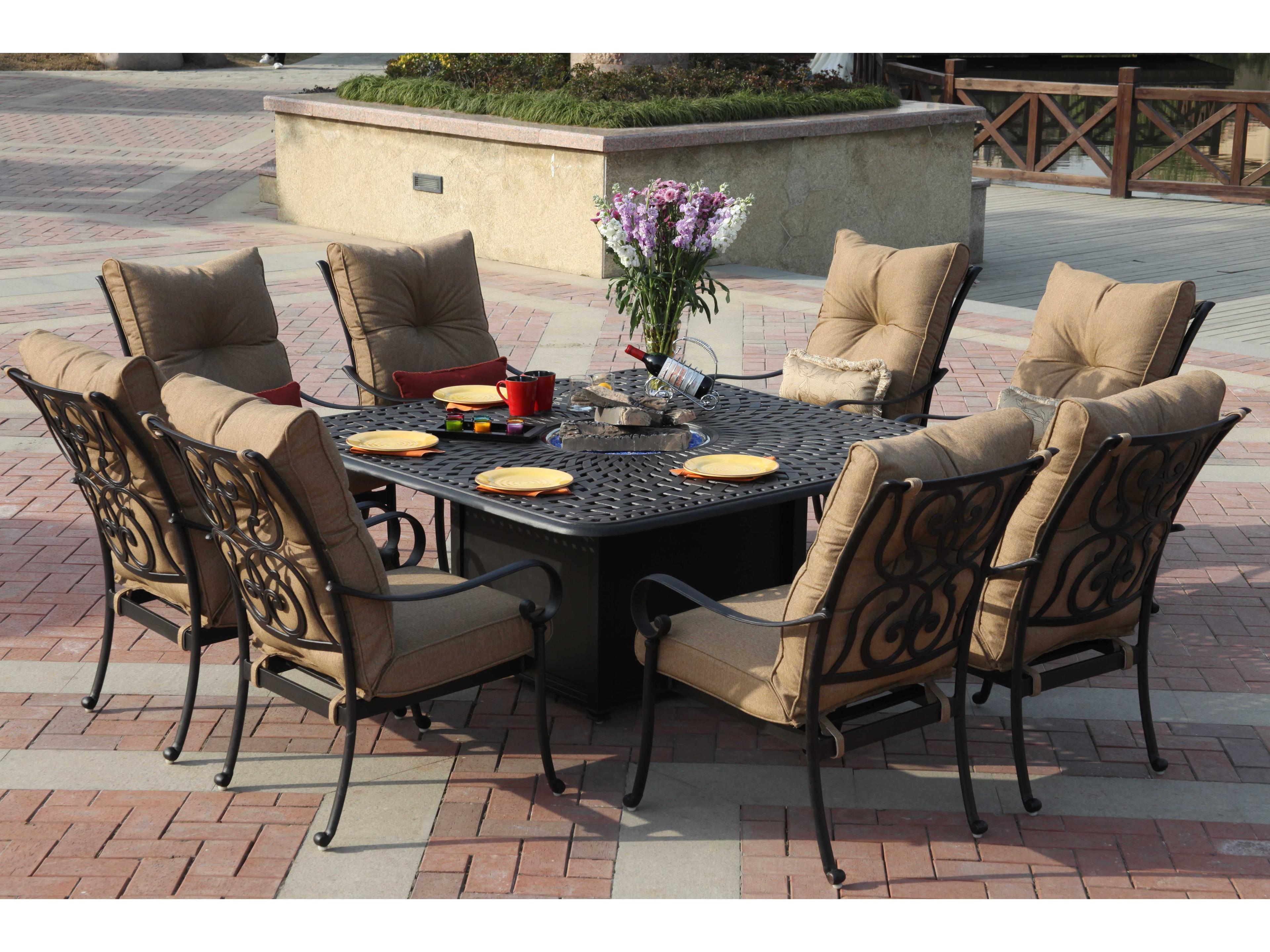 Darlee Outdoor Living Santa Anita Antique Bronze Cast Aluminum Dining Set with Fire Pit