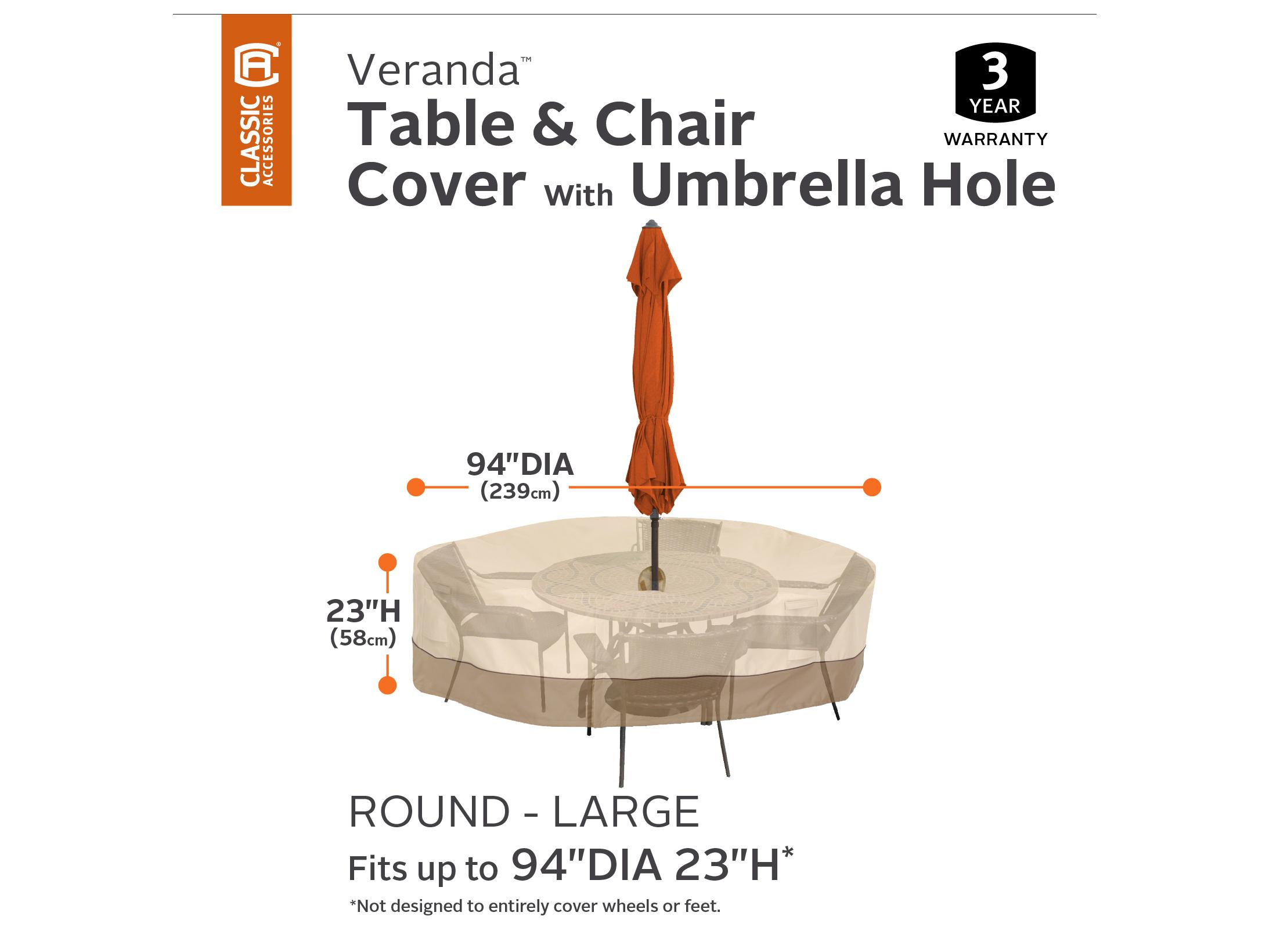 Duck Covers Veranda Pebble 96 Inch Large Round Table & Chairs Set Cover with Umbrella Hole