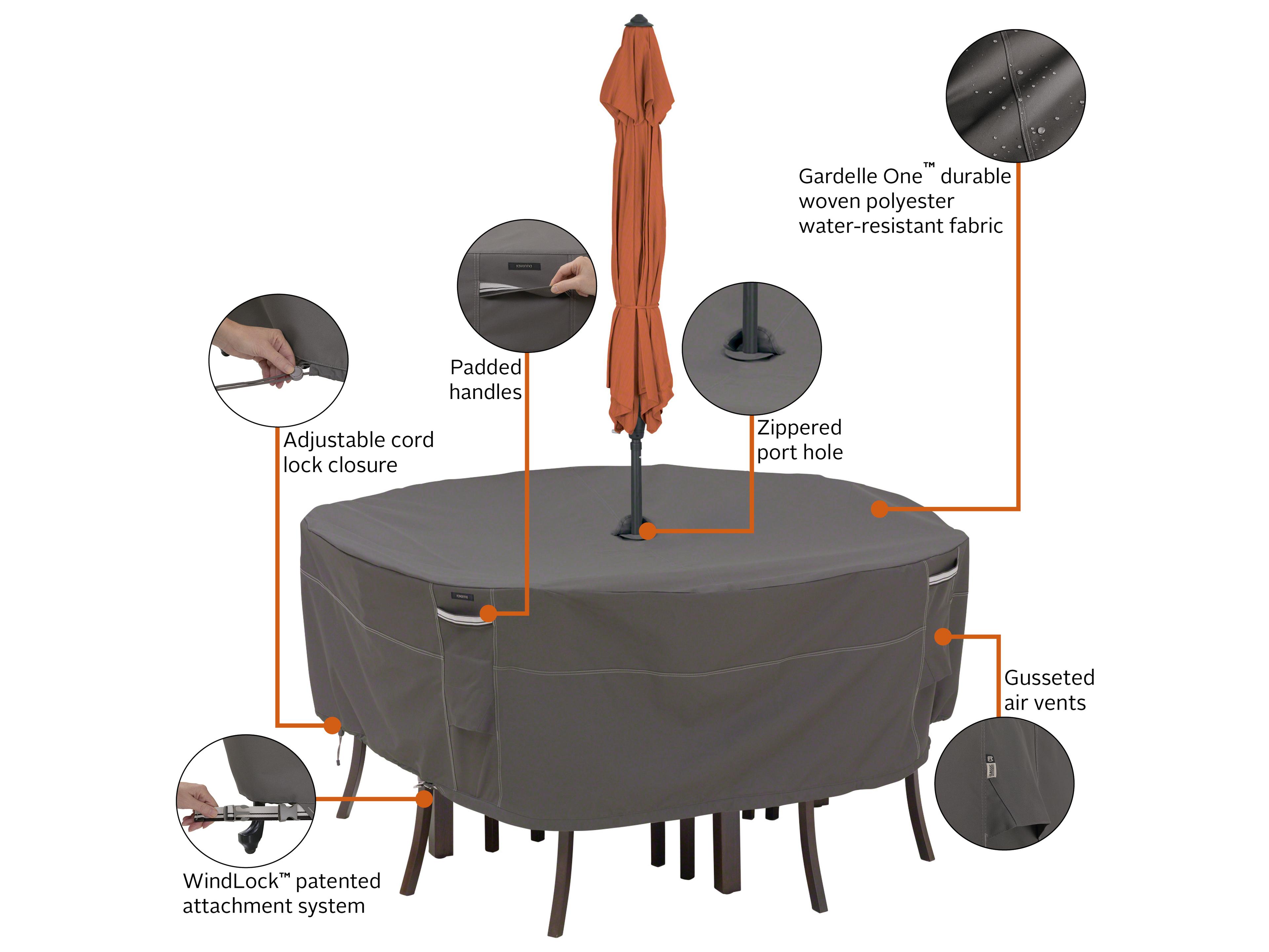 Duck Covers Ravenna Dark Taupe 62 Inch Round Table & Chairs Set Cover with Hole