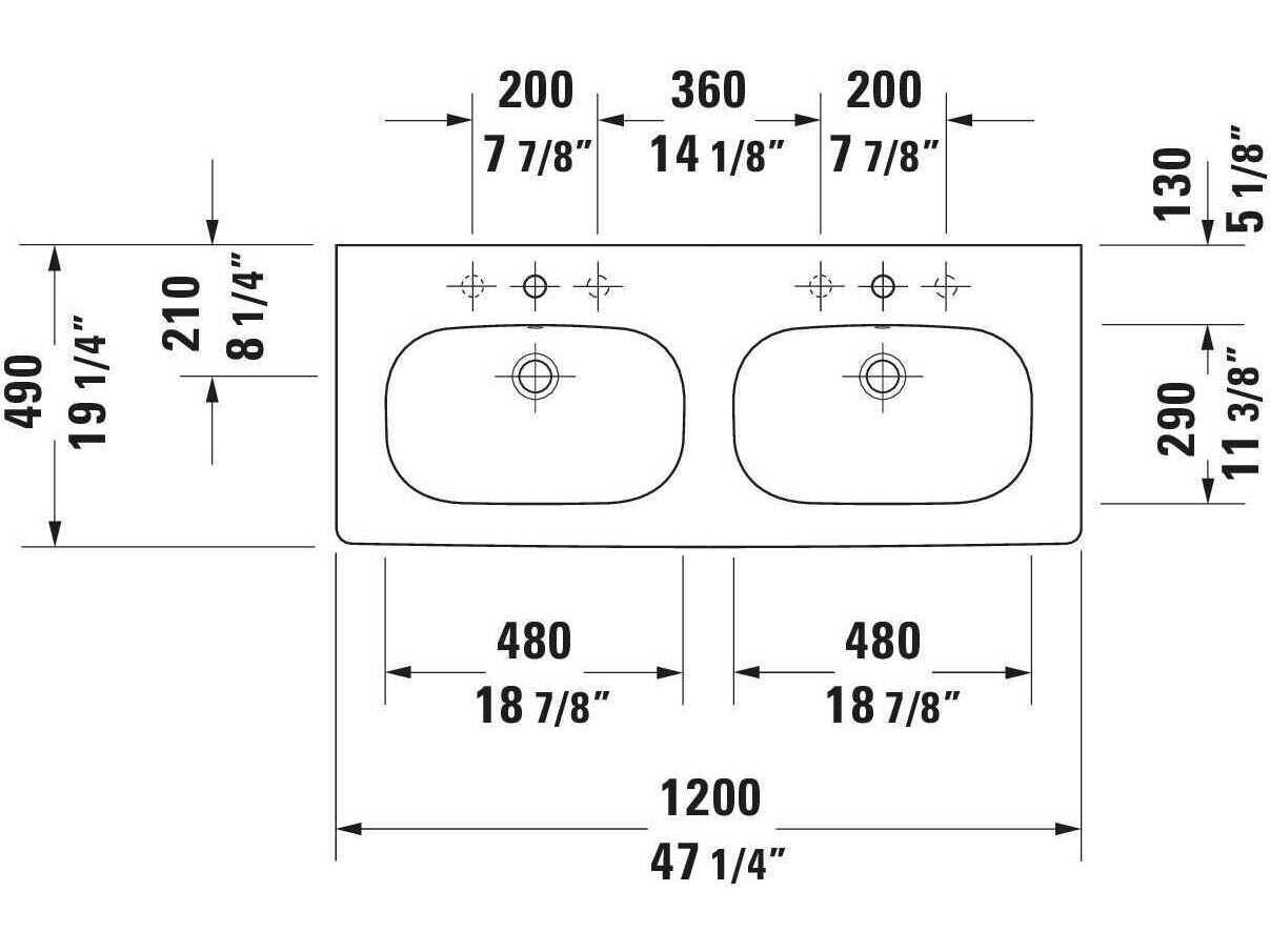 Duravit D-code 47'' Ceramic White High Gloss Sink with 3 Faucet hole
