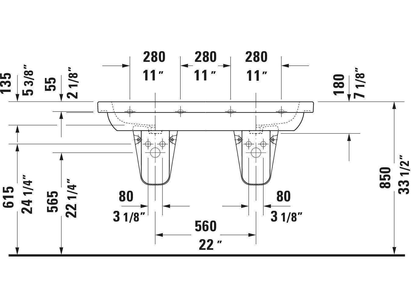 Duravit D-code 47'' Ceramic White High Gloss Sink with 3 Faucet hole