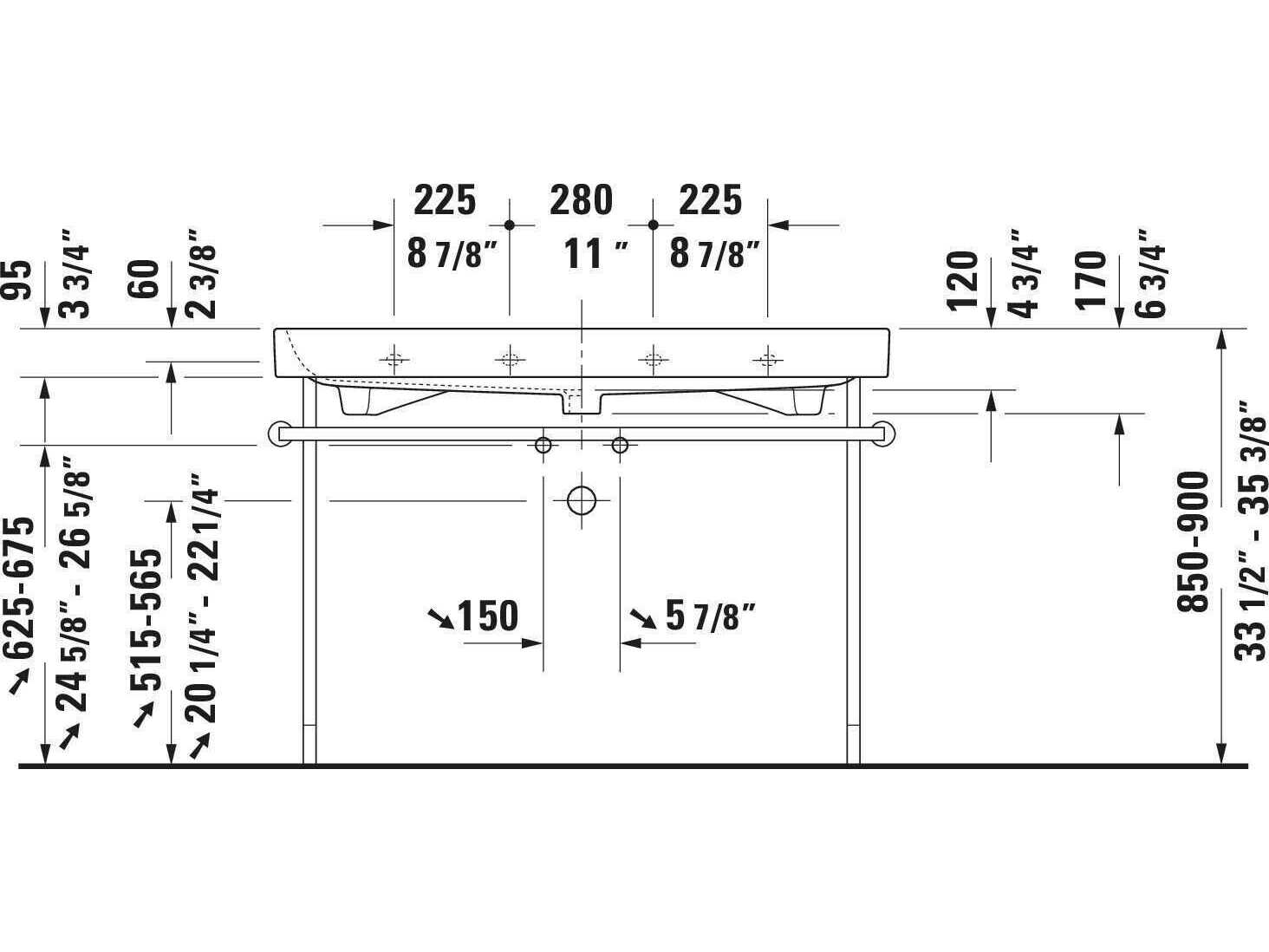 Duravit Happy D.2 47'' Ceramic White High Gloss Sink with 3 Faucet Hole