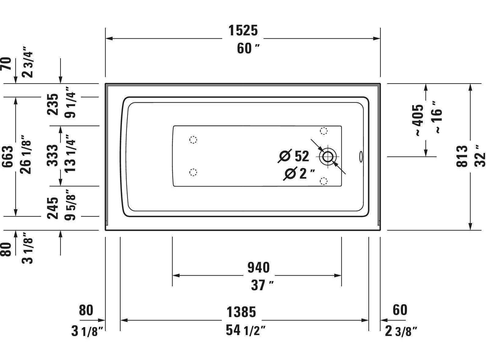 Duravit Architec 60'' White Bathtub - Right oriented drain