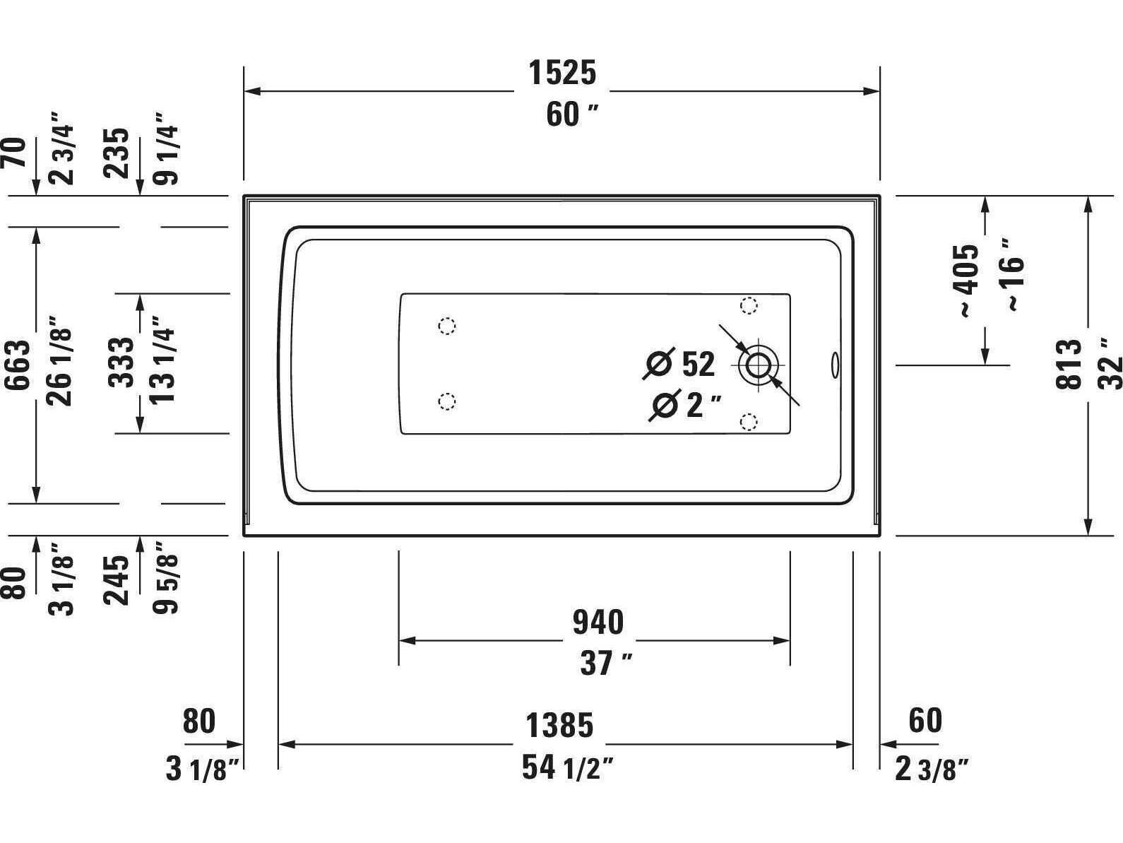 Duravit Architec 60'' White Bathtub - Right oriented drain