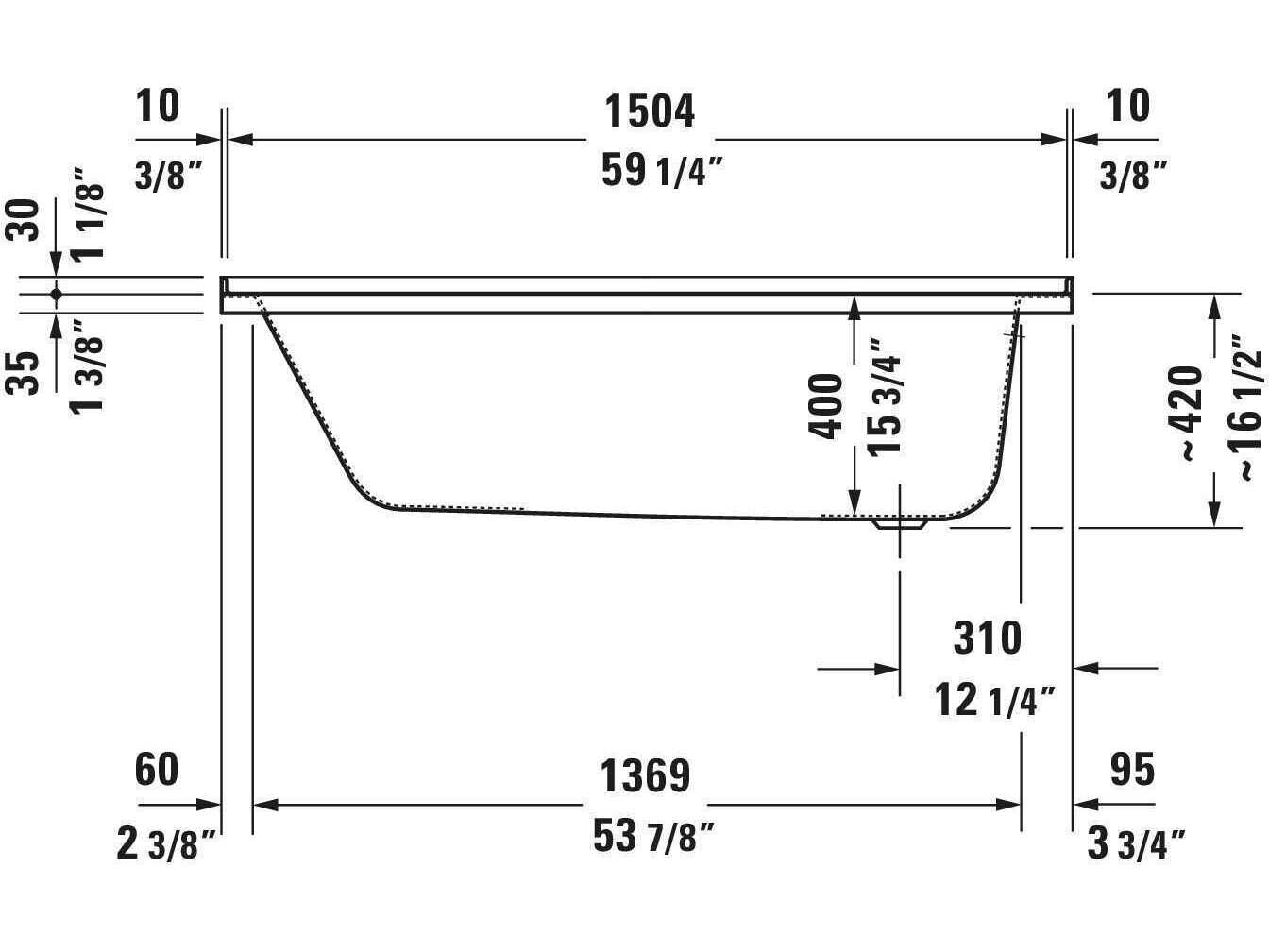 Duravit D-code 60'' Acrylic White Bathtub - Right side Drain
