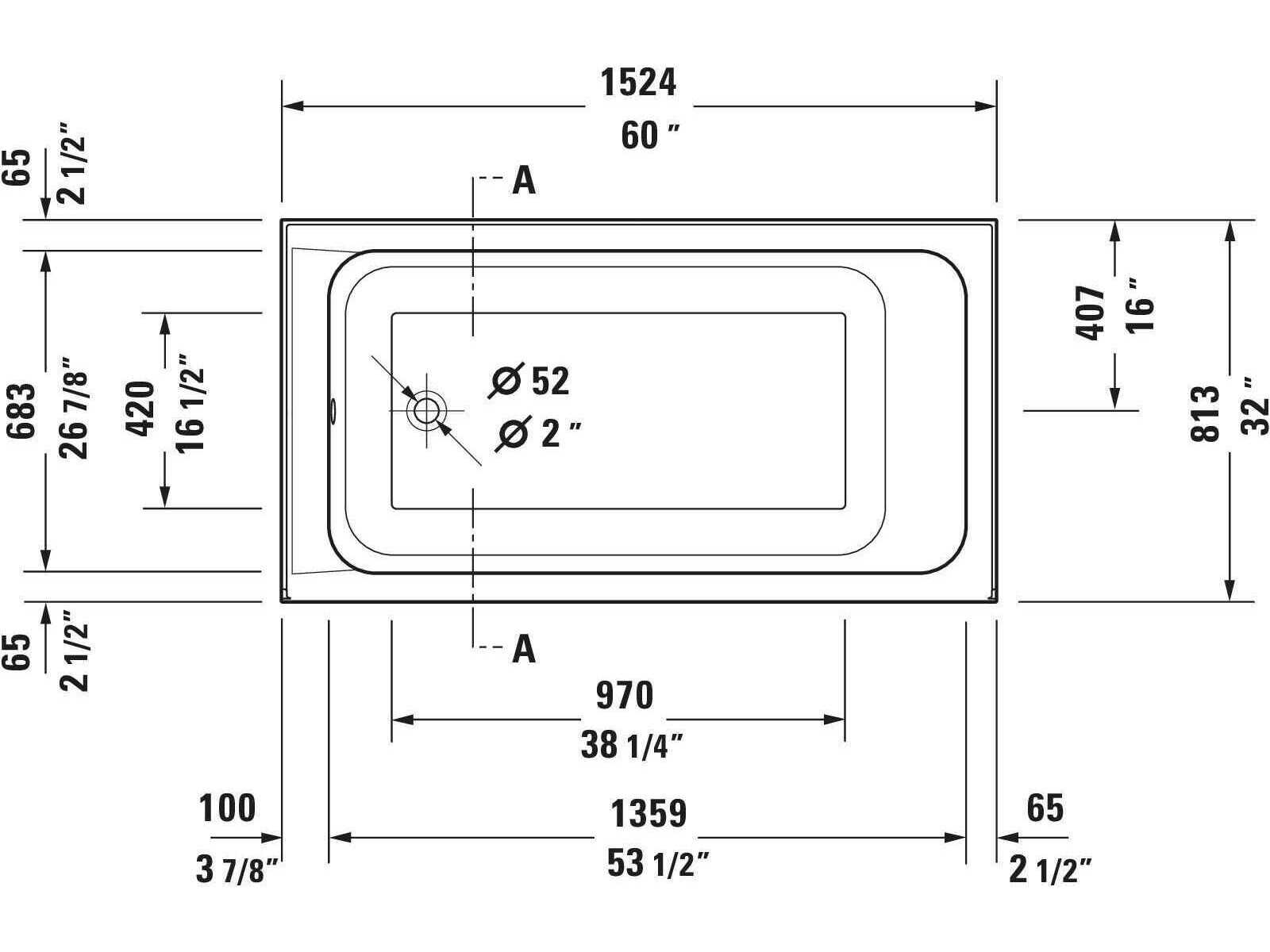 Duravit D-code 60'' Acrylic White Bathtub - Left side Drain