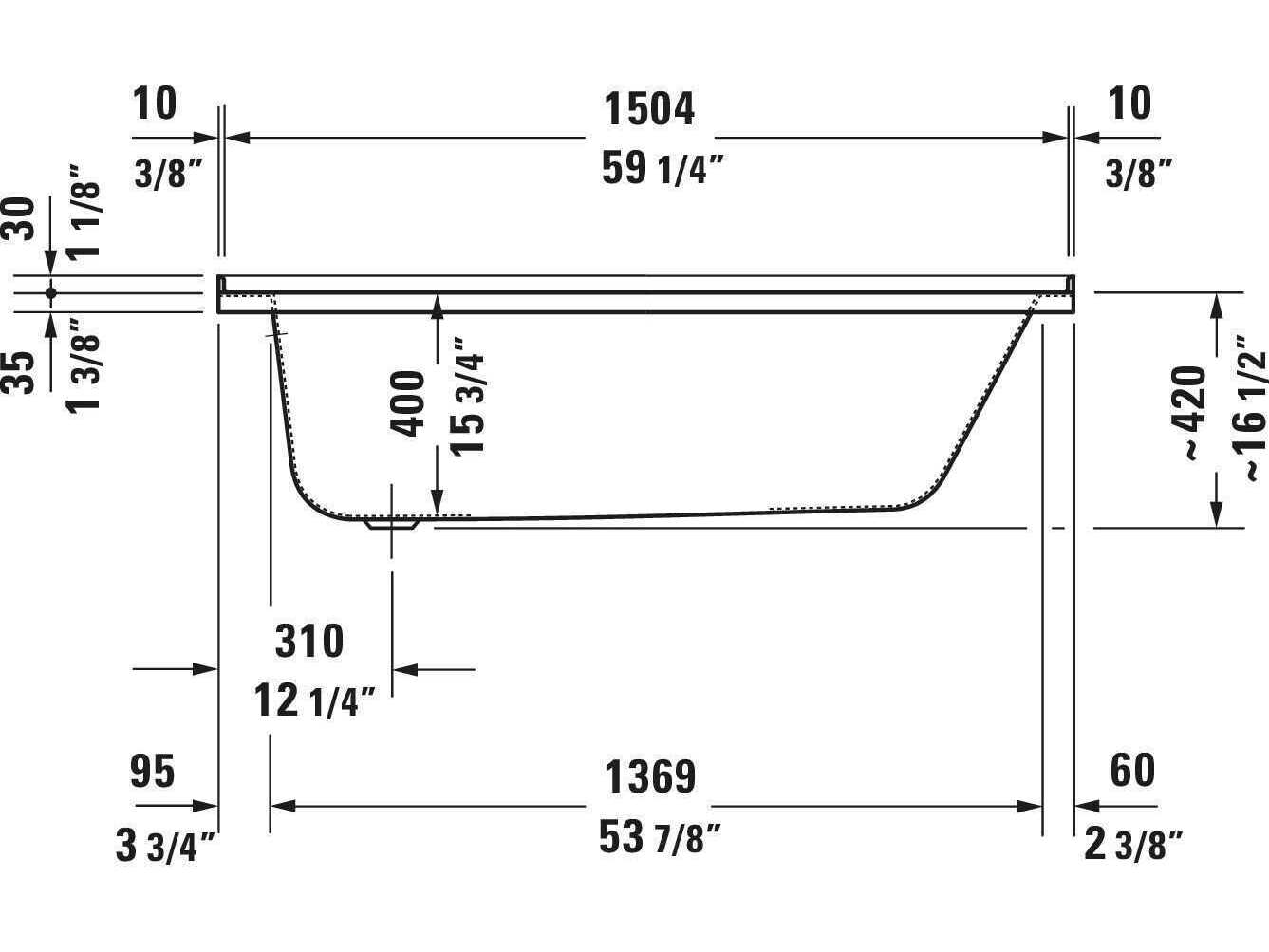 Duravit D-code 60'' Acrylic White Bathtub - Left side Drain
