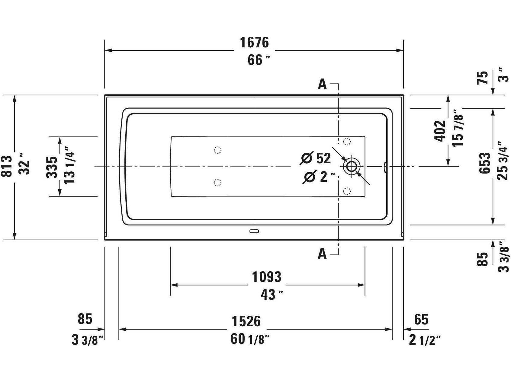 Duravit Architec 66'' White Bathtub - Right oriented drain