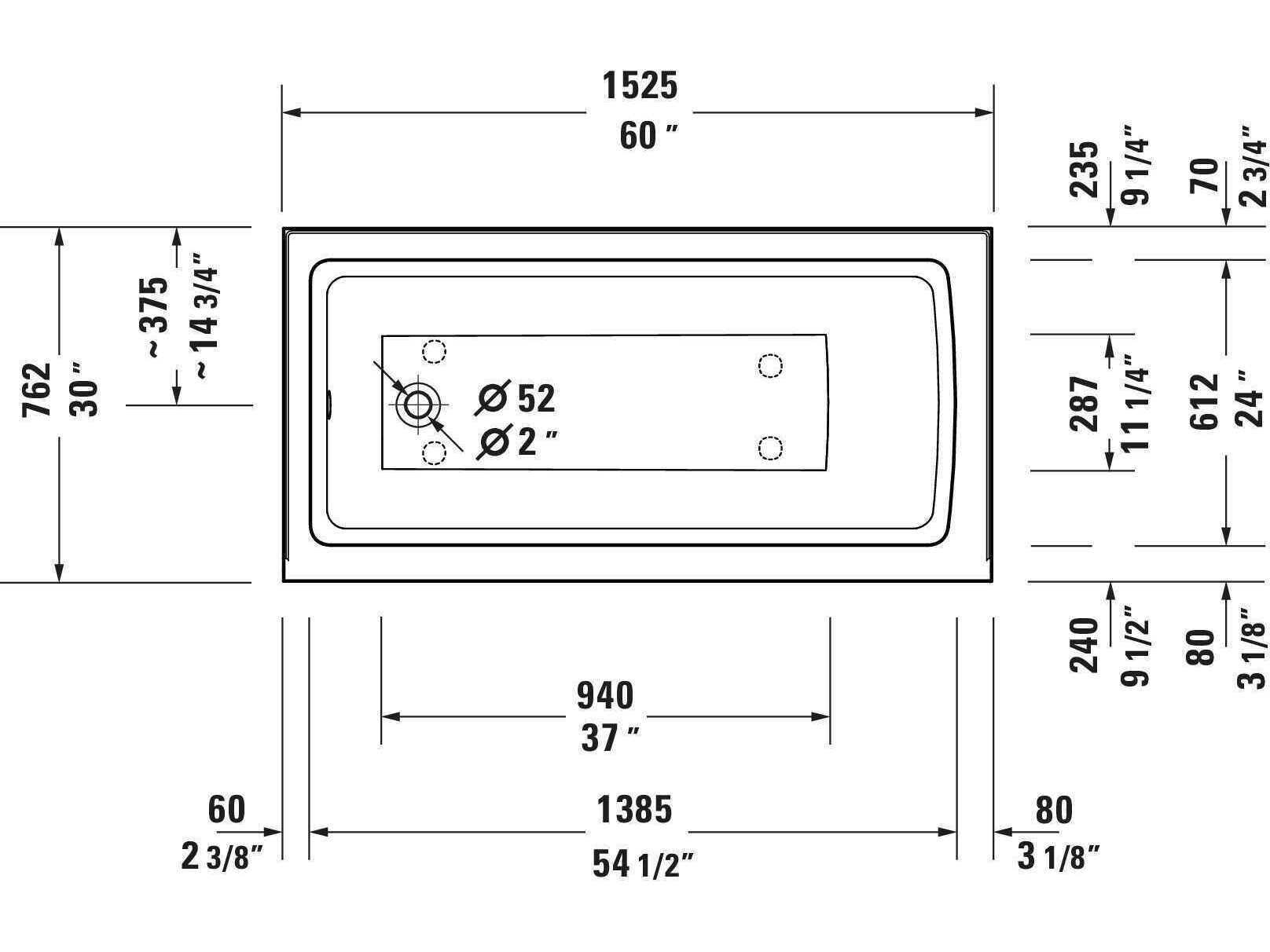 Duravit Architec 60'' White Bathtub - Left oriented drain