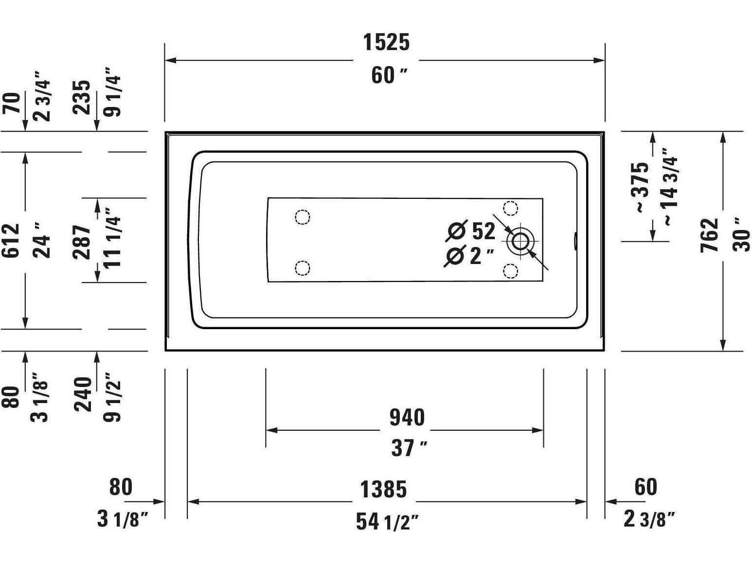 Duravit Architec 60'' White Bathtub - Right oriented drain
