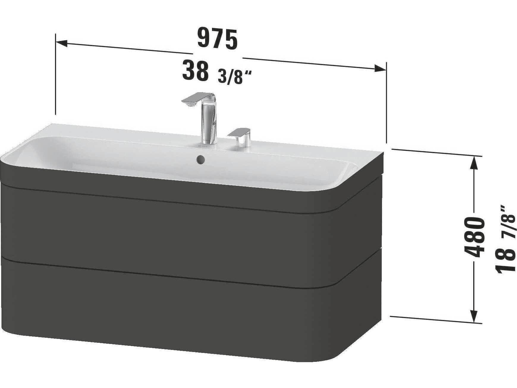 Duravit Happy D.2 38'' Graphite Super Matt Rectangular Wall-Mounted Set of Sink and Vanity
