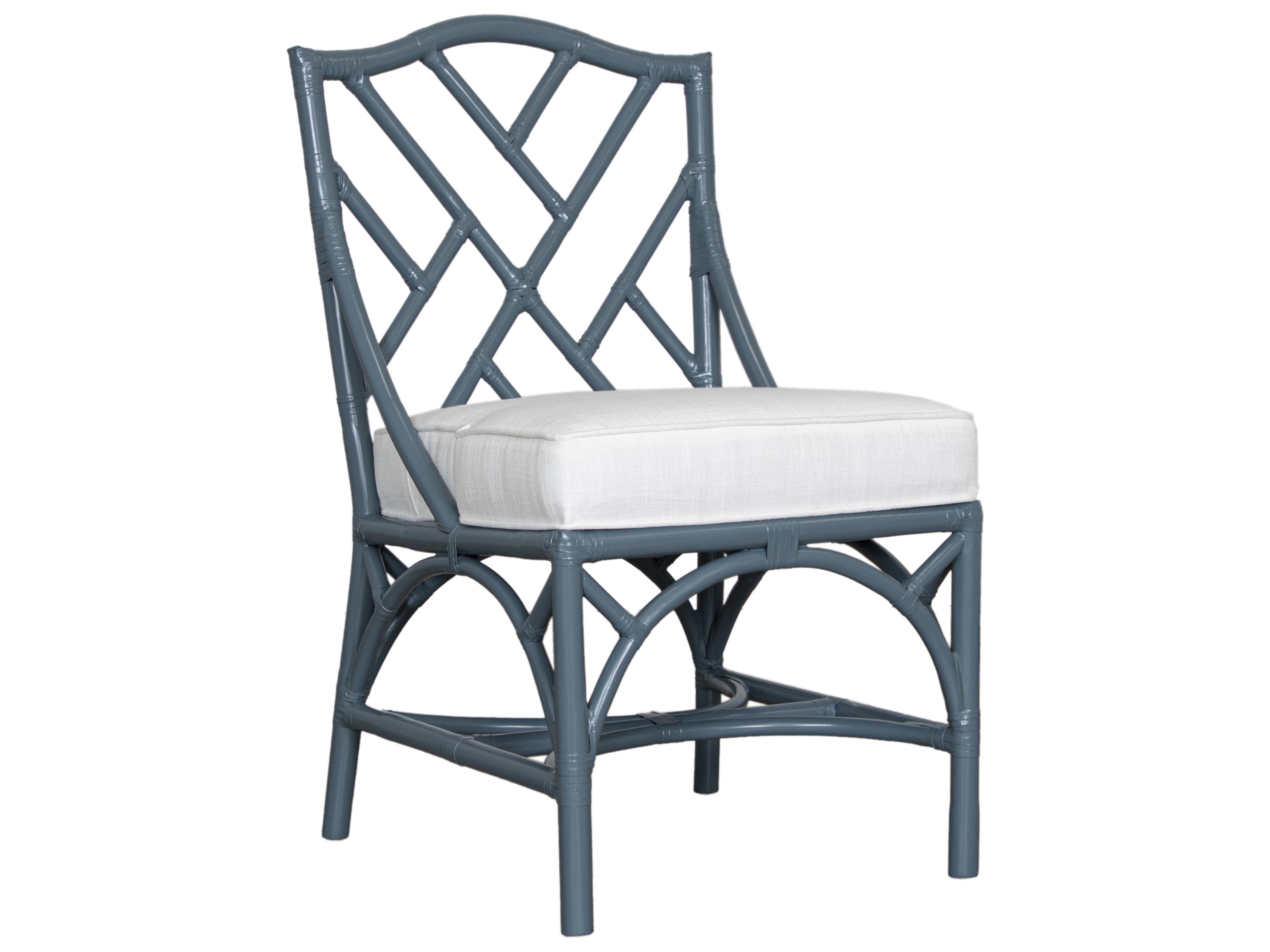 Chippendale Rattan Blue Upholstered Armless Dining Chair