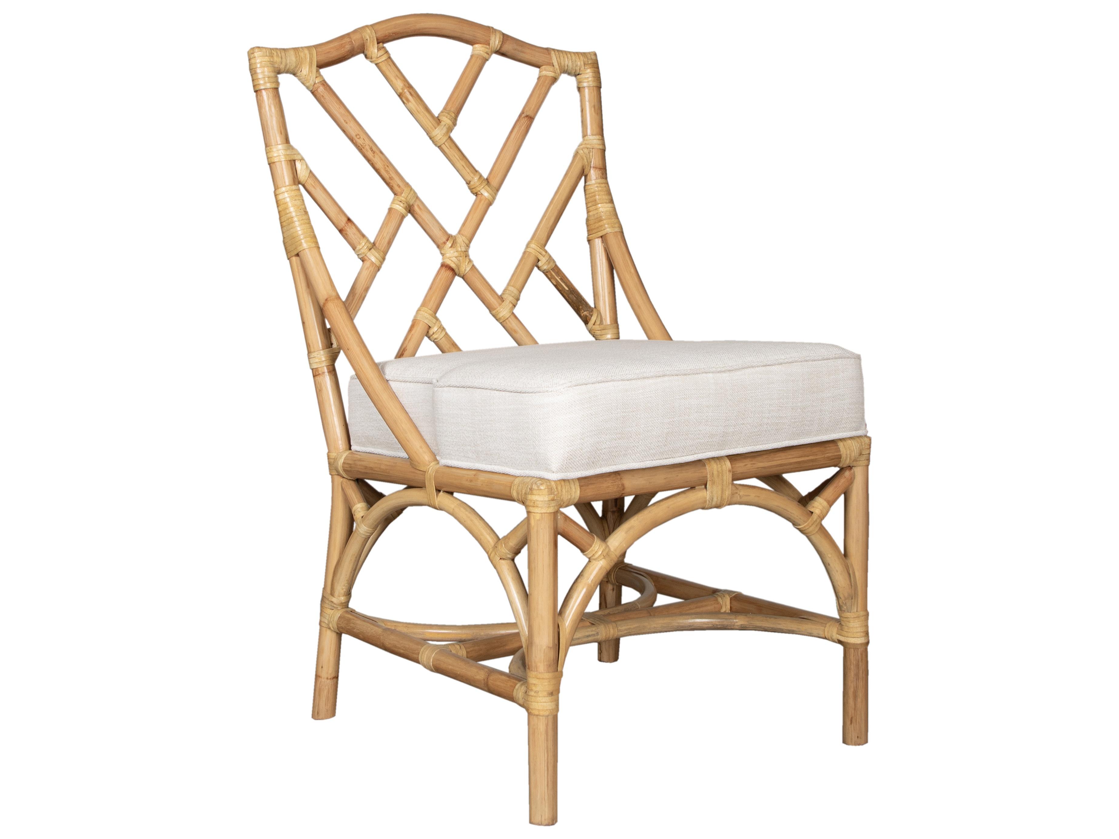 Chippendale Rattan Blue Upholstered Armless Dining Chair