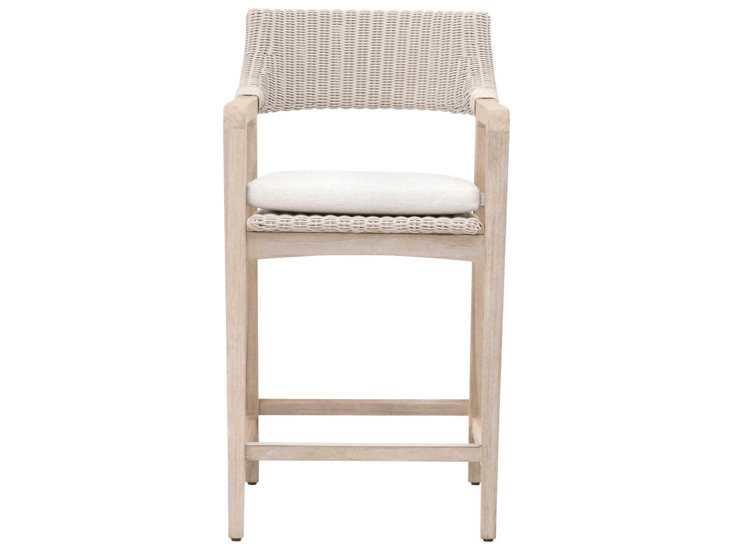 Essentials for Living Outdoor Woven Pure White Synthetic Gray Teak Counter Stool with Performance White Speckle Cushion