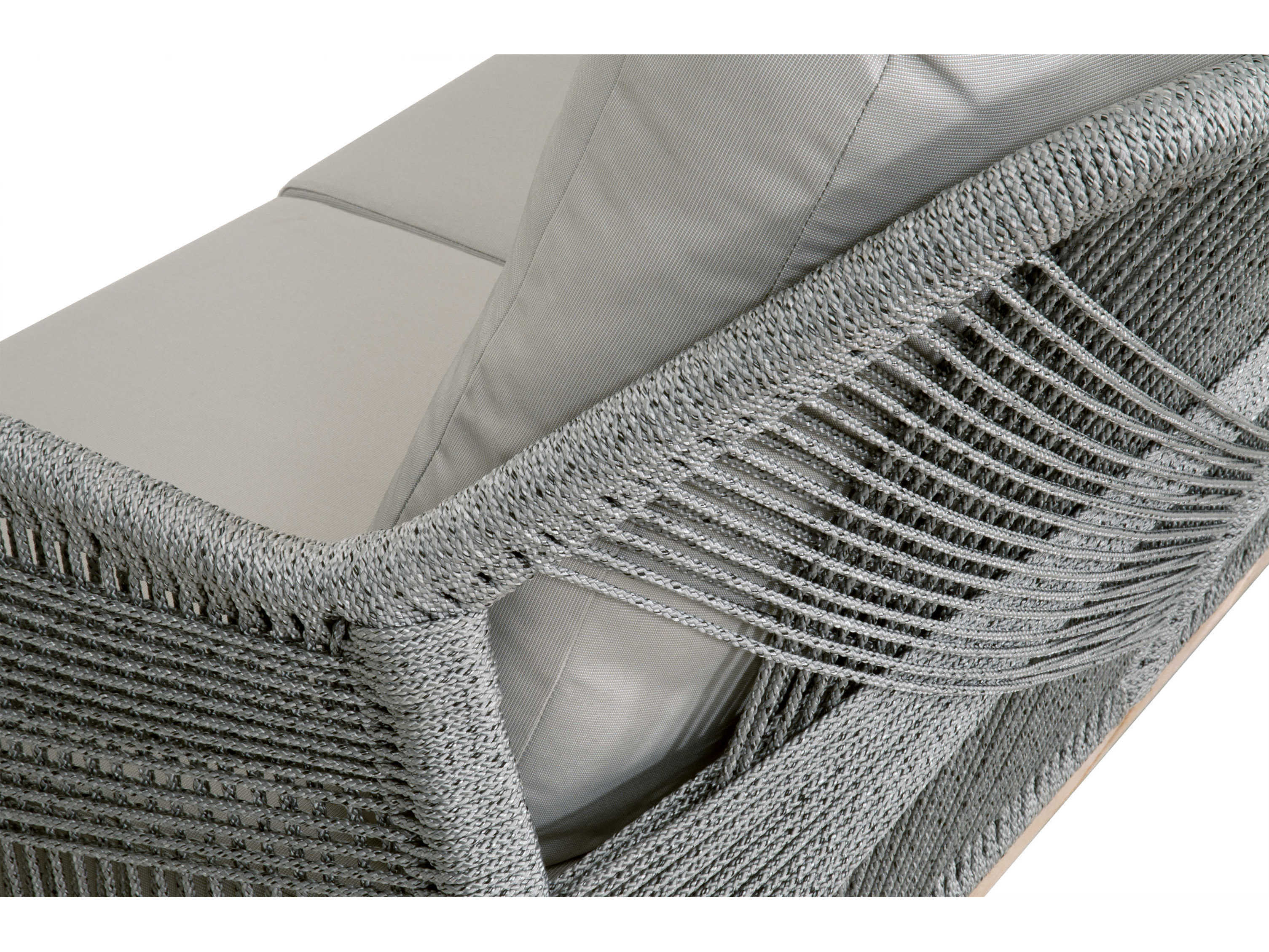 Luxecor Respite Outdoor Rope Taupe & White Flat with Gray Teak Sofa Performance Pumice Cushion