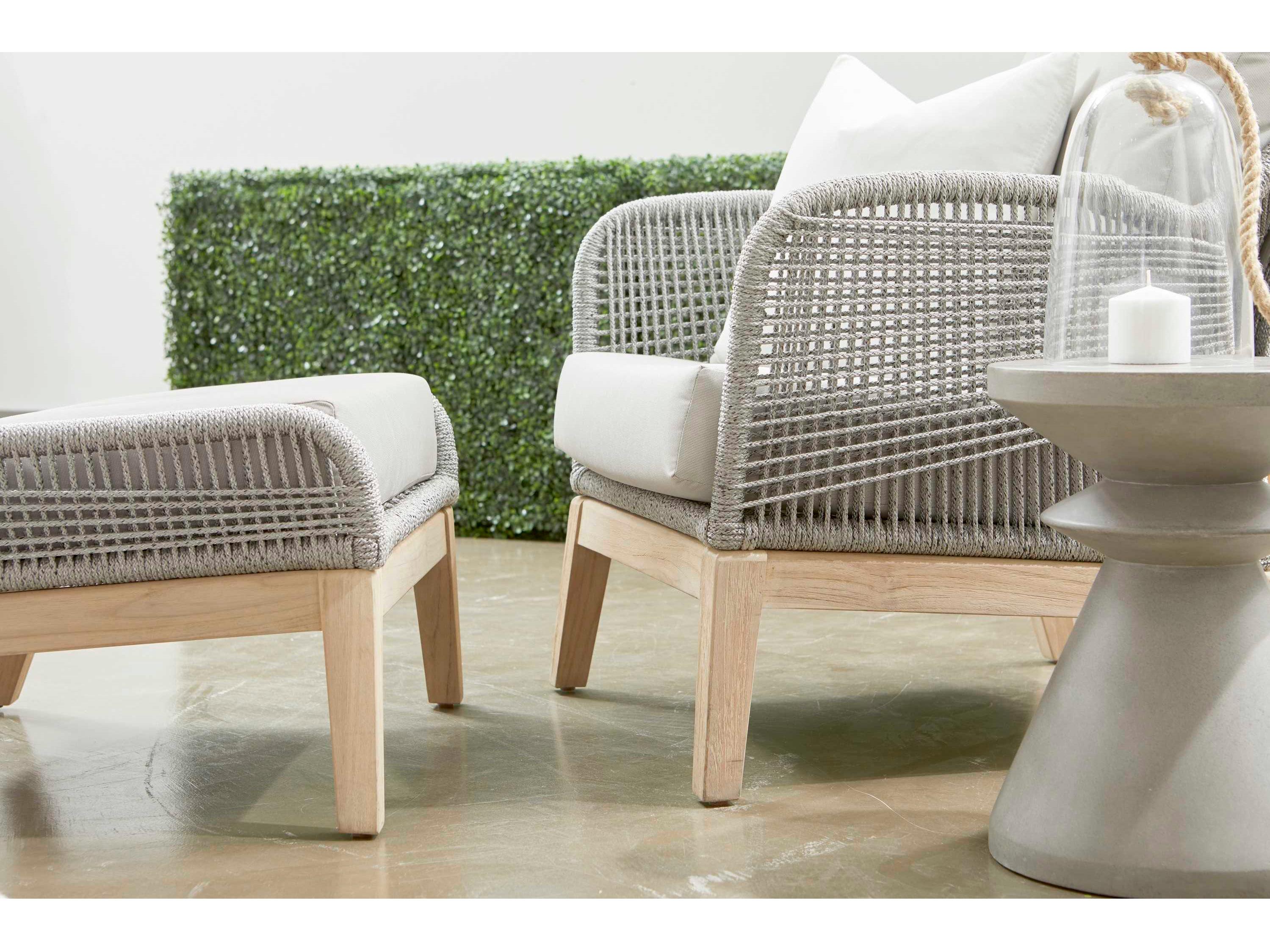 Luxecor Respite Outdoor Rope Taupe & White Flat with Gray Teak Ottoman Performance Pumice Cushion