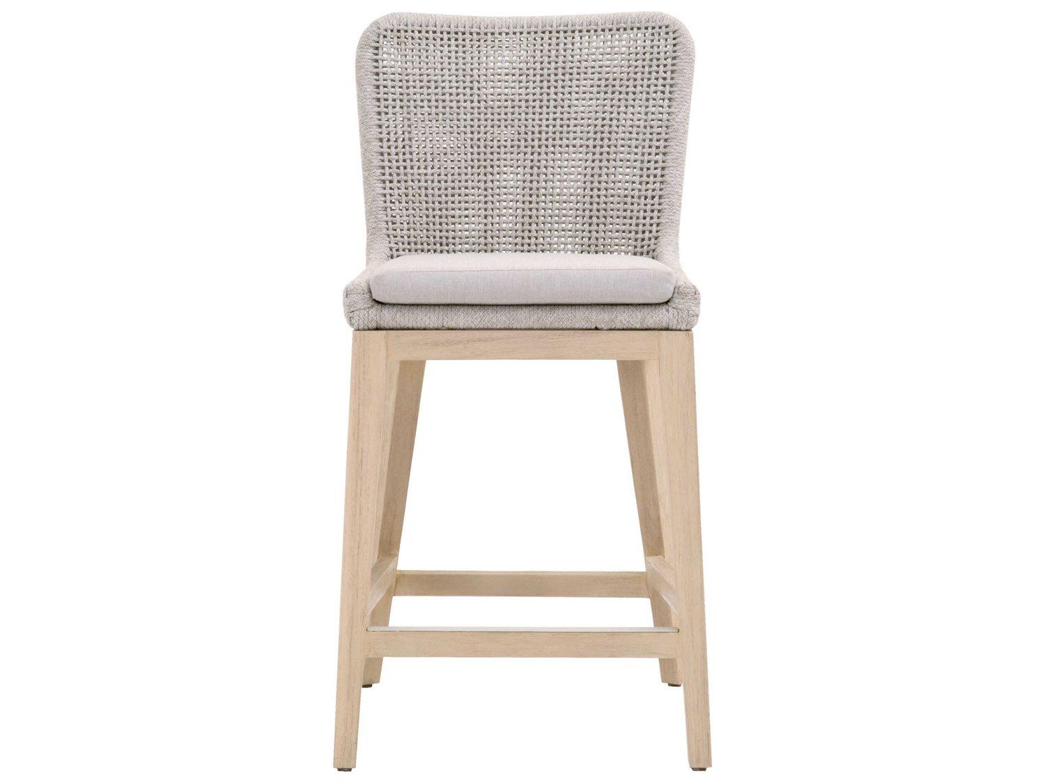 Essentials for Living Outdoor Woven Taupe & White Flat Rope / Pumice Gray Teak Cushion Counter Stool