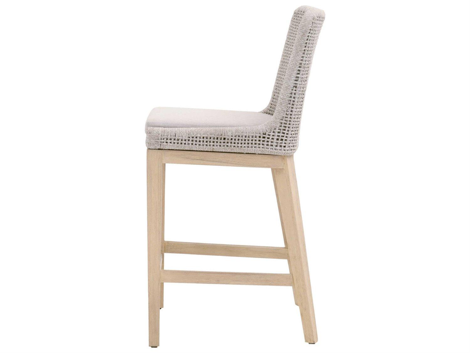 Essentials for Living Outdoor Woven Taupe & White Flat Rope / Pumice Gray Teak Cushion Counter Stool