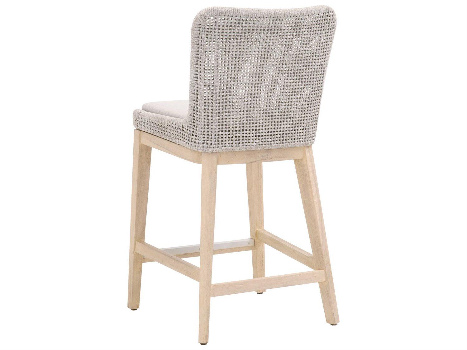 Essentials for Living Outdoor Woven Taupe & White Flat Rope / Pumice Gray Teak Cushion Counter Stool