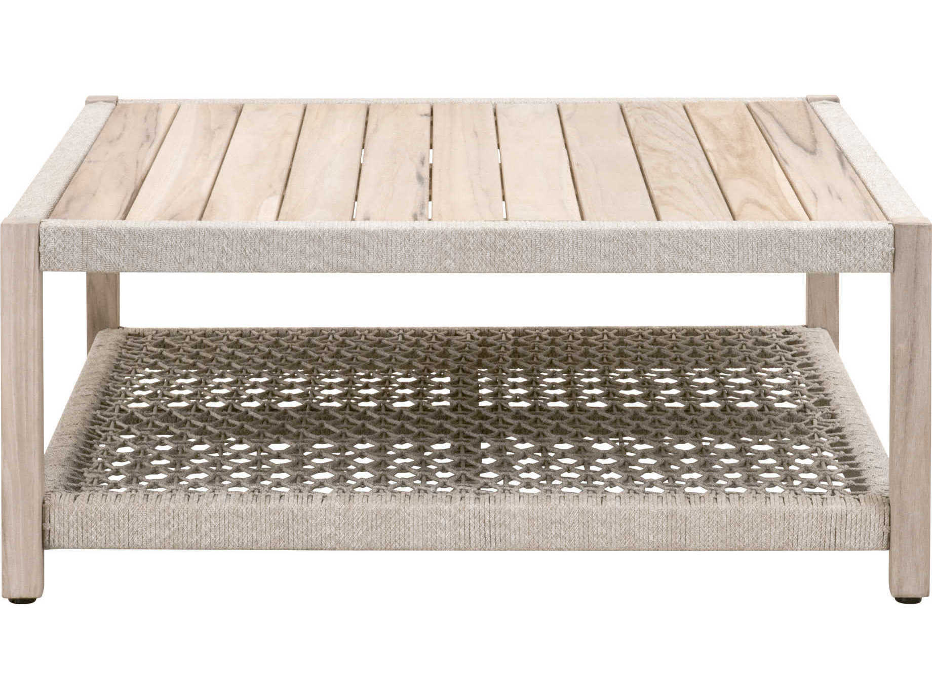 Essentials for Living Outdoor Woven Rope Taupe & White Flat Rope, Gray Teak Square Coffee Table
