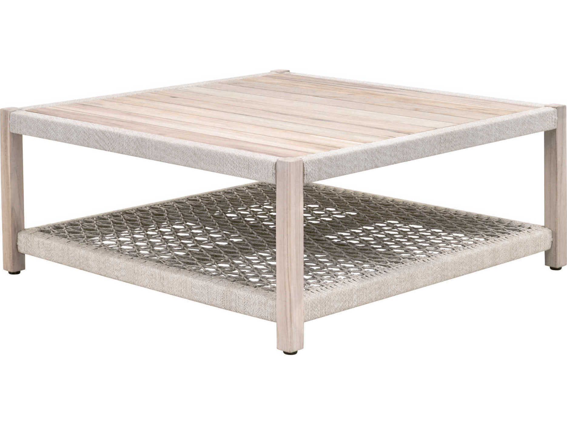 Essentials for Living Outdoor Woven Rope Taupe & White Flat Rope, Gray Teak Square Coffee Table