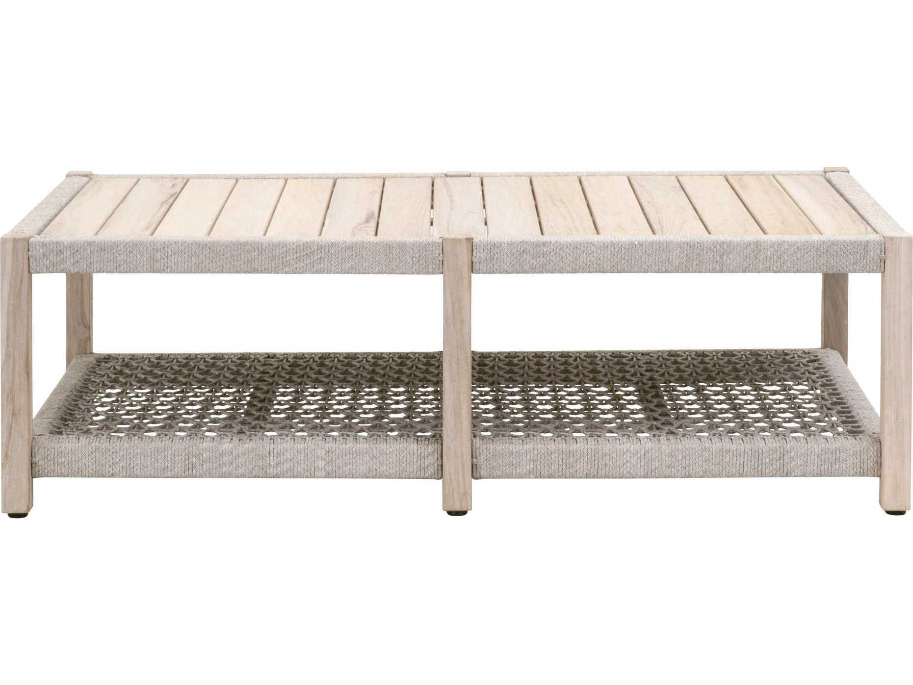 Luxecor Respite Outdoor Rope Taupe & White Flat Rope, Gray Teak Rectangular Coffee Table