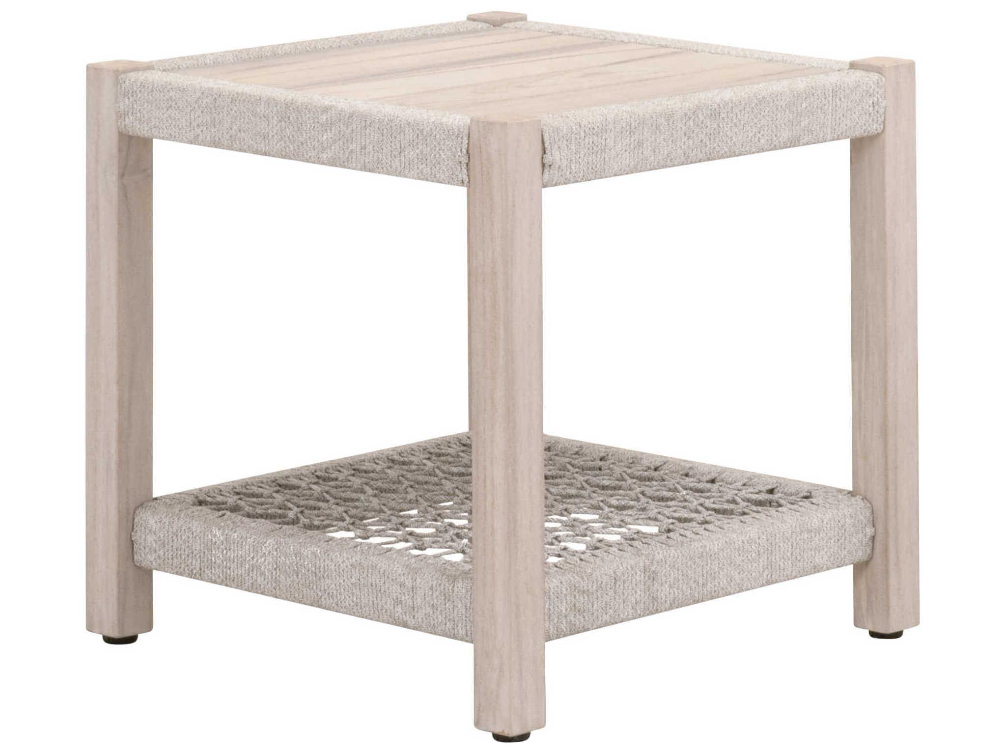 Essentials for Living Outdoor Woven Rope Taupe & White Flat Rope, Gray Teak Square End Table
