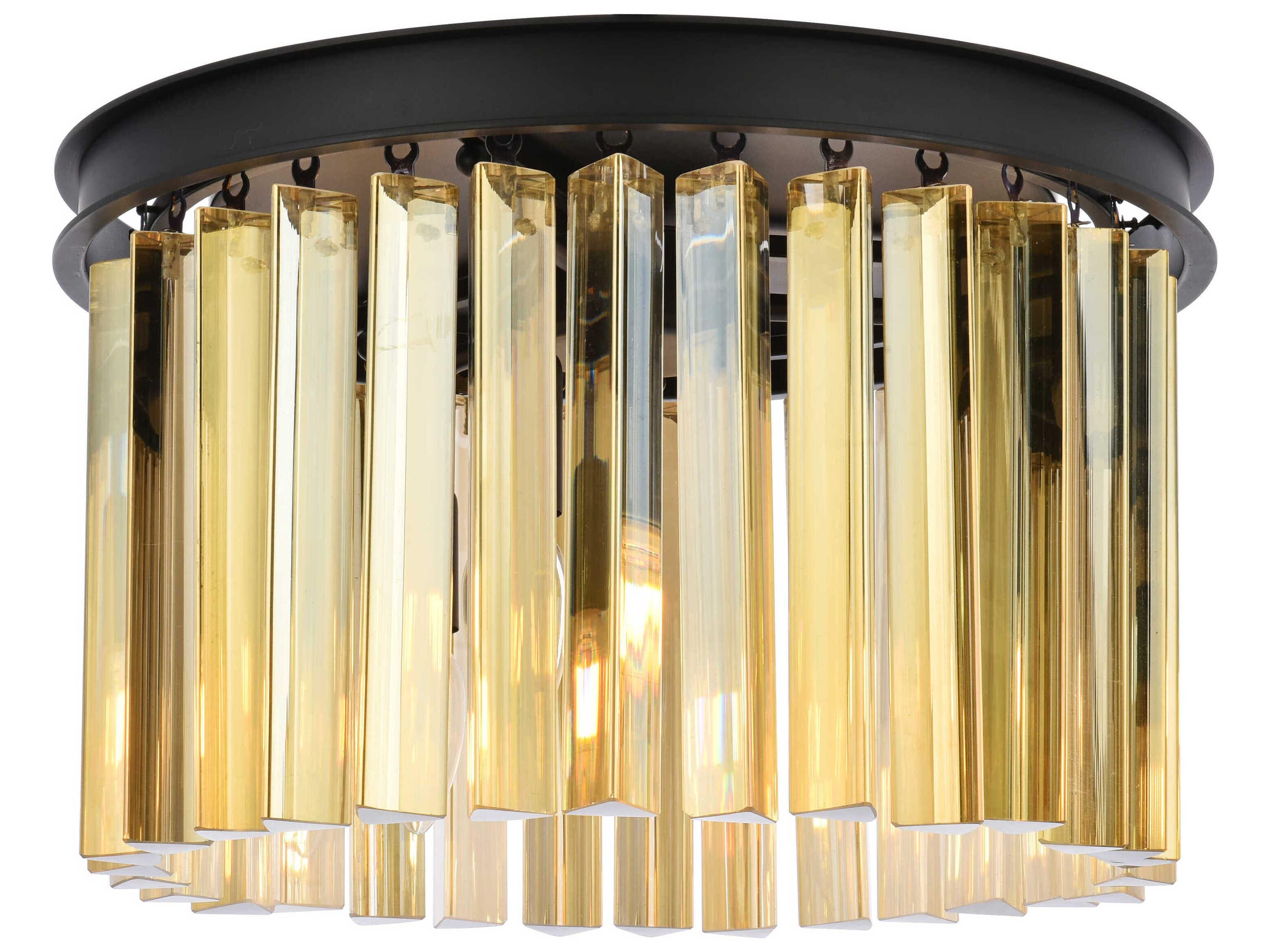 Elegant Lighting Sydney 3-Light Matte Black Gold Crystal Drum Flush Mount