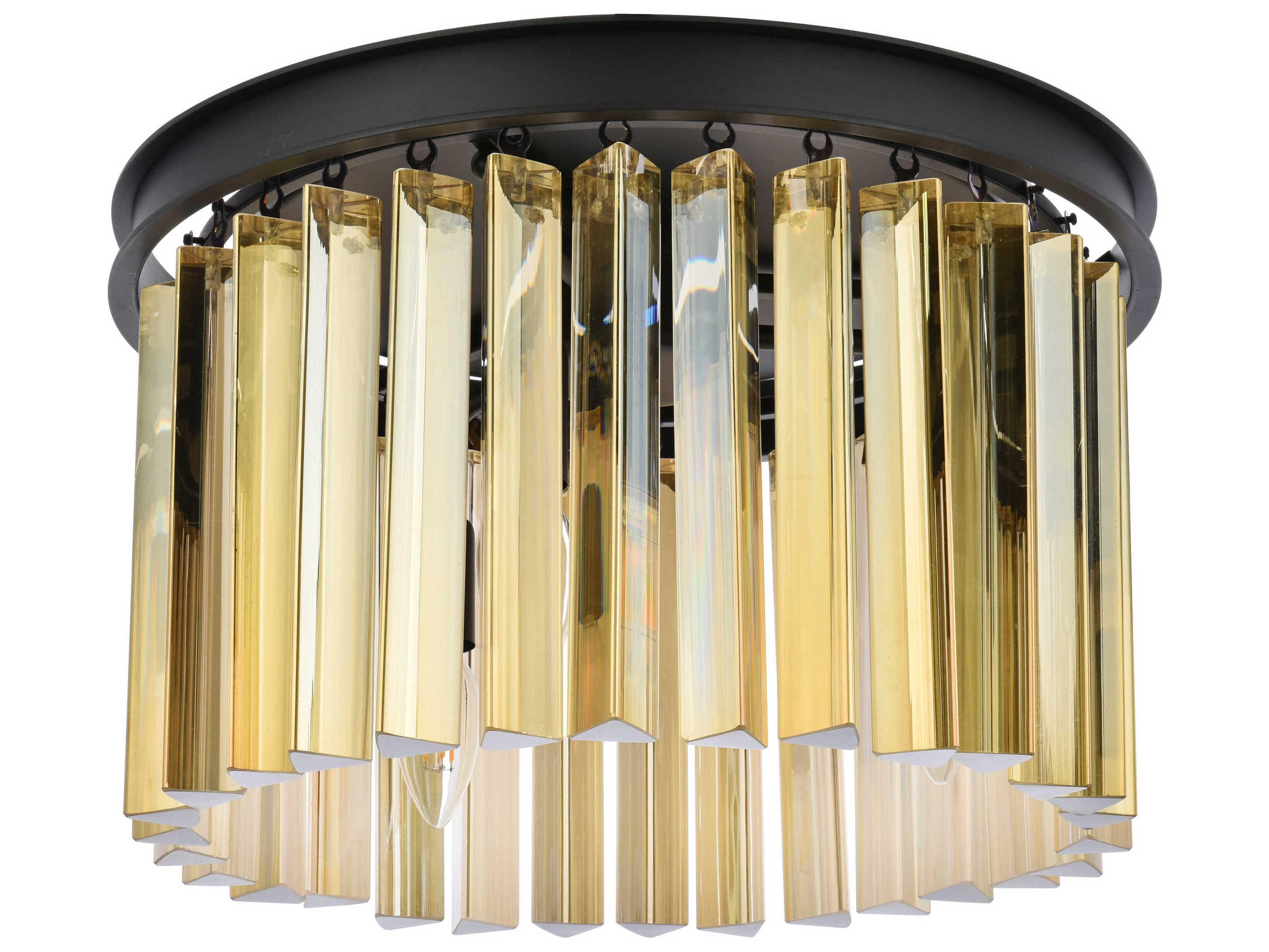 Elegant Lighting Sydney 3-Light Matte Black Gold Crystal Drum Flush Mount