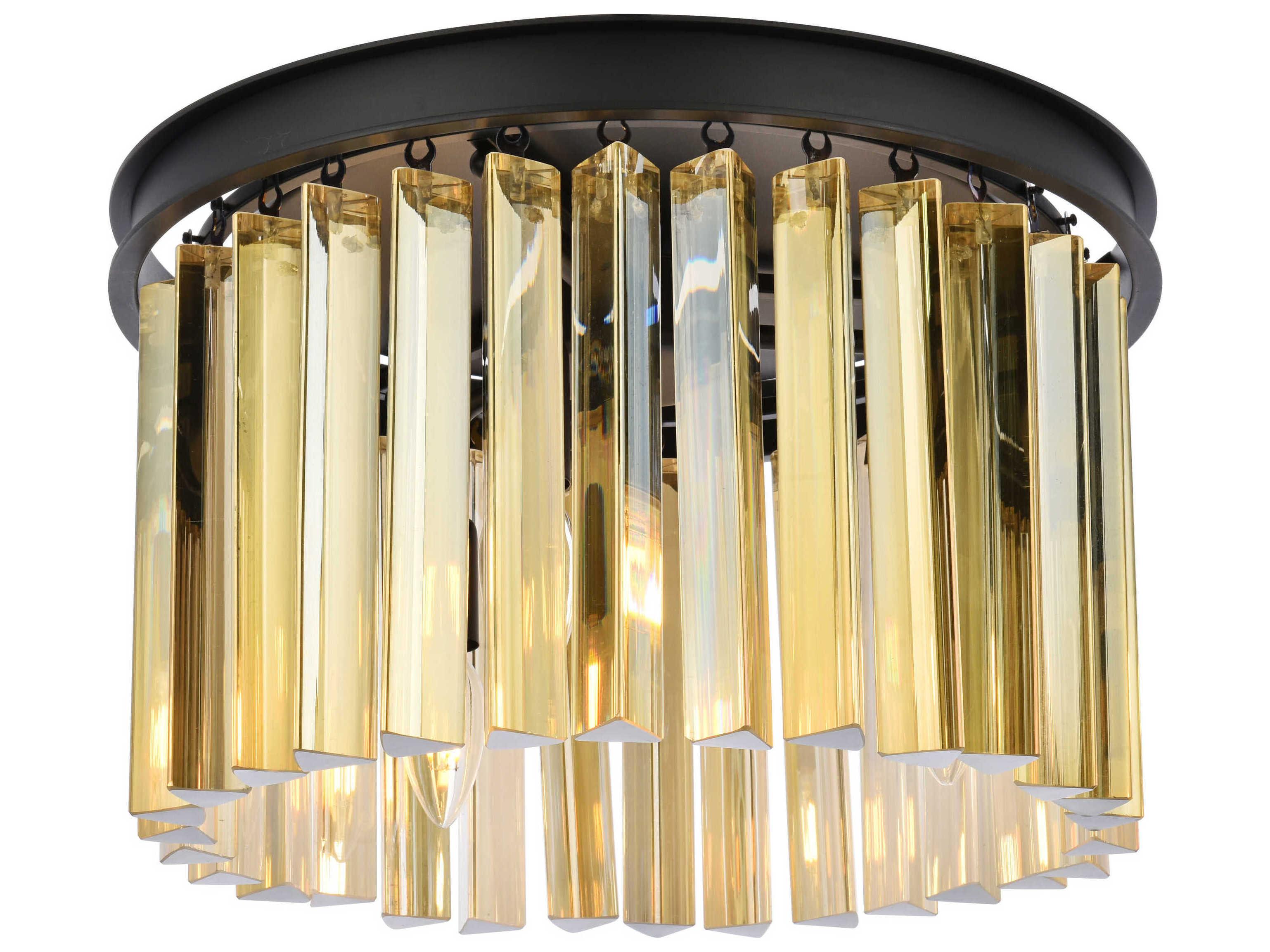 Elegant Lighting Sydney 3-Light Matte Black Gold Crystal Drum Flush Mount