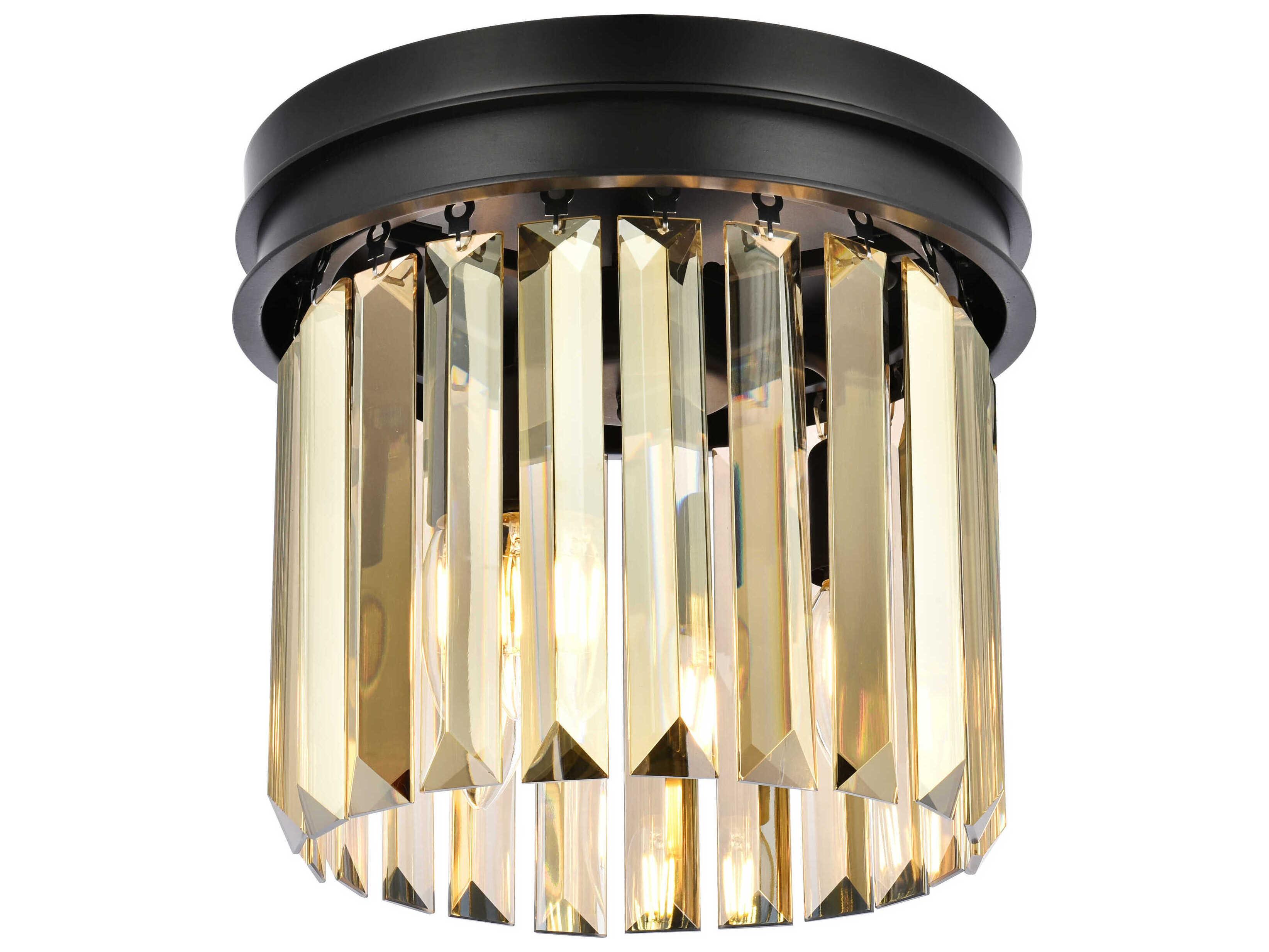 Elegant Lighting Sydney 3-Light Matte Black Gold Crystal Drum Flush Mount