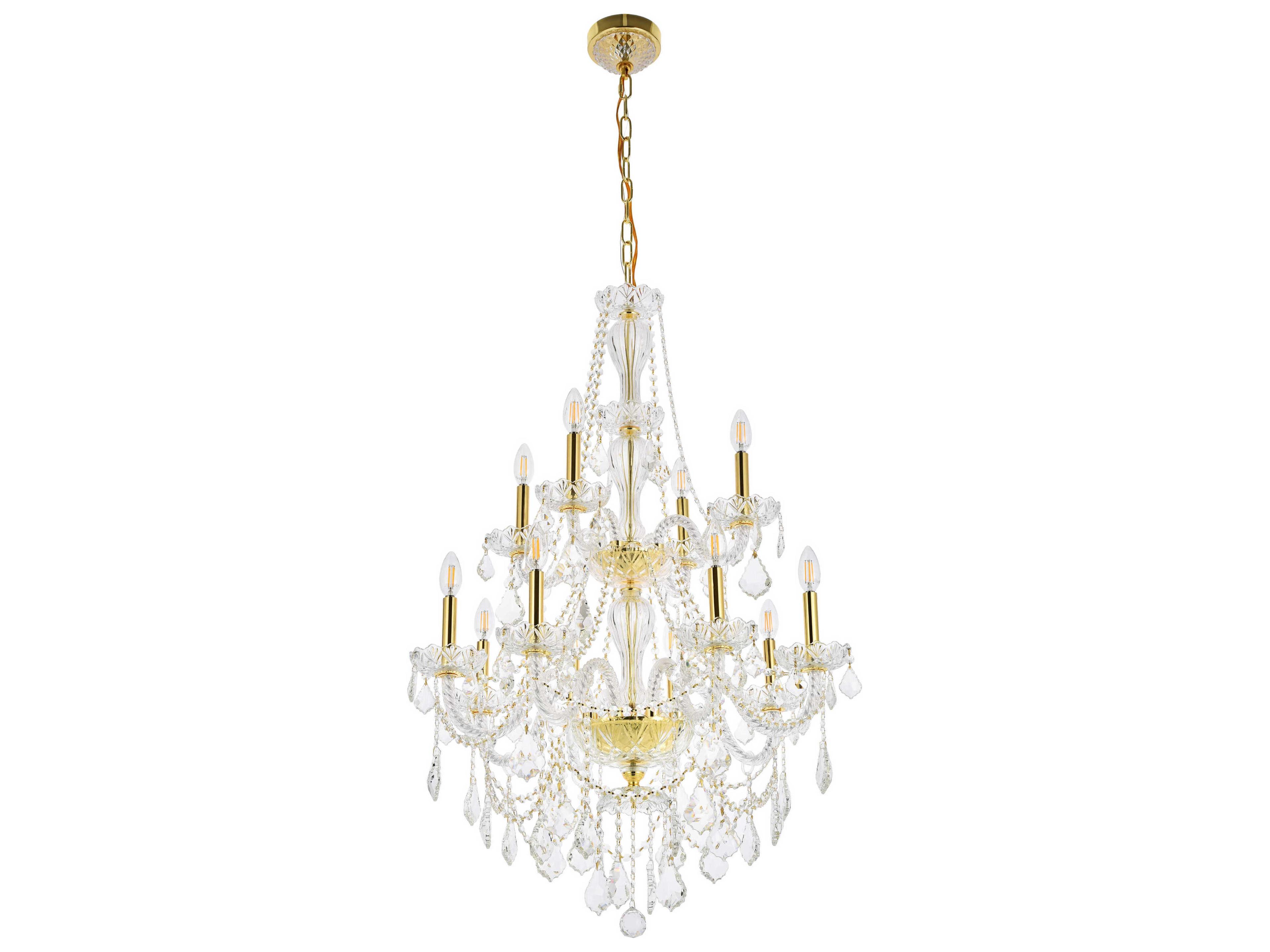 Elegant Lighting Giselle 12-Light Gold Crystal Glass Candelabra Empire Tiered Chandelier