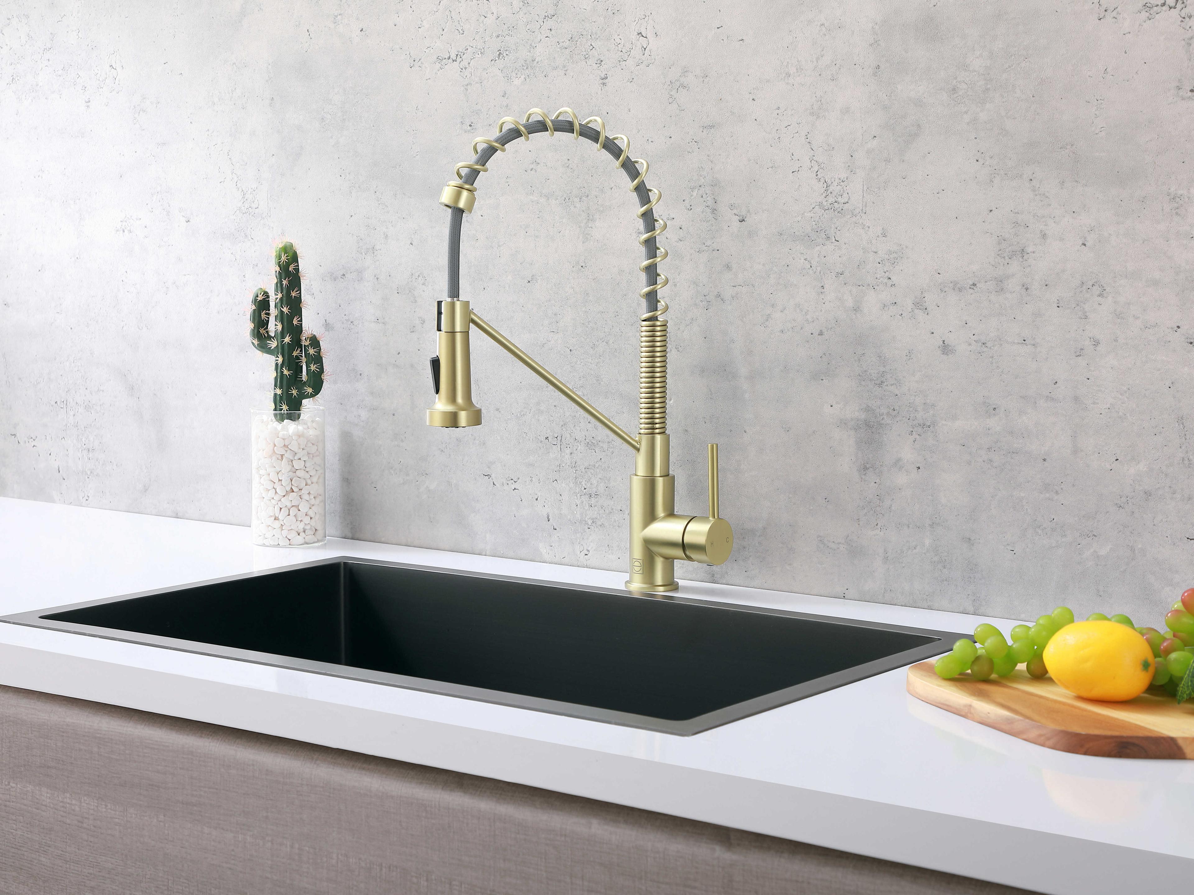 Elegant Lighting Yara Brushed Gold Pull Down Sprayer Kitchen Faucet