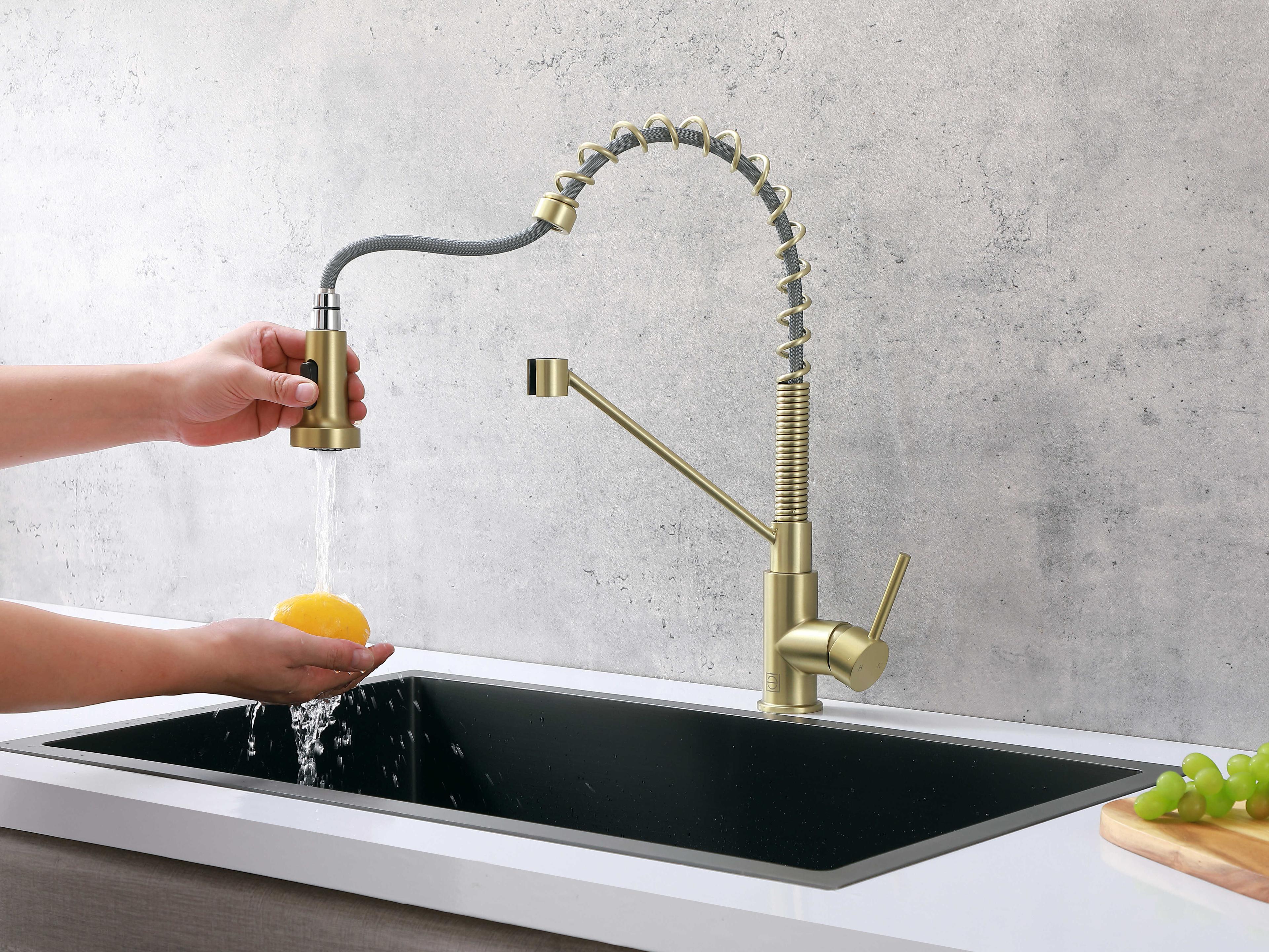 Elegant Lighting Yara Brushed Gold Pull Down Sprayer Kitchen Faucet