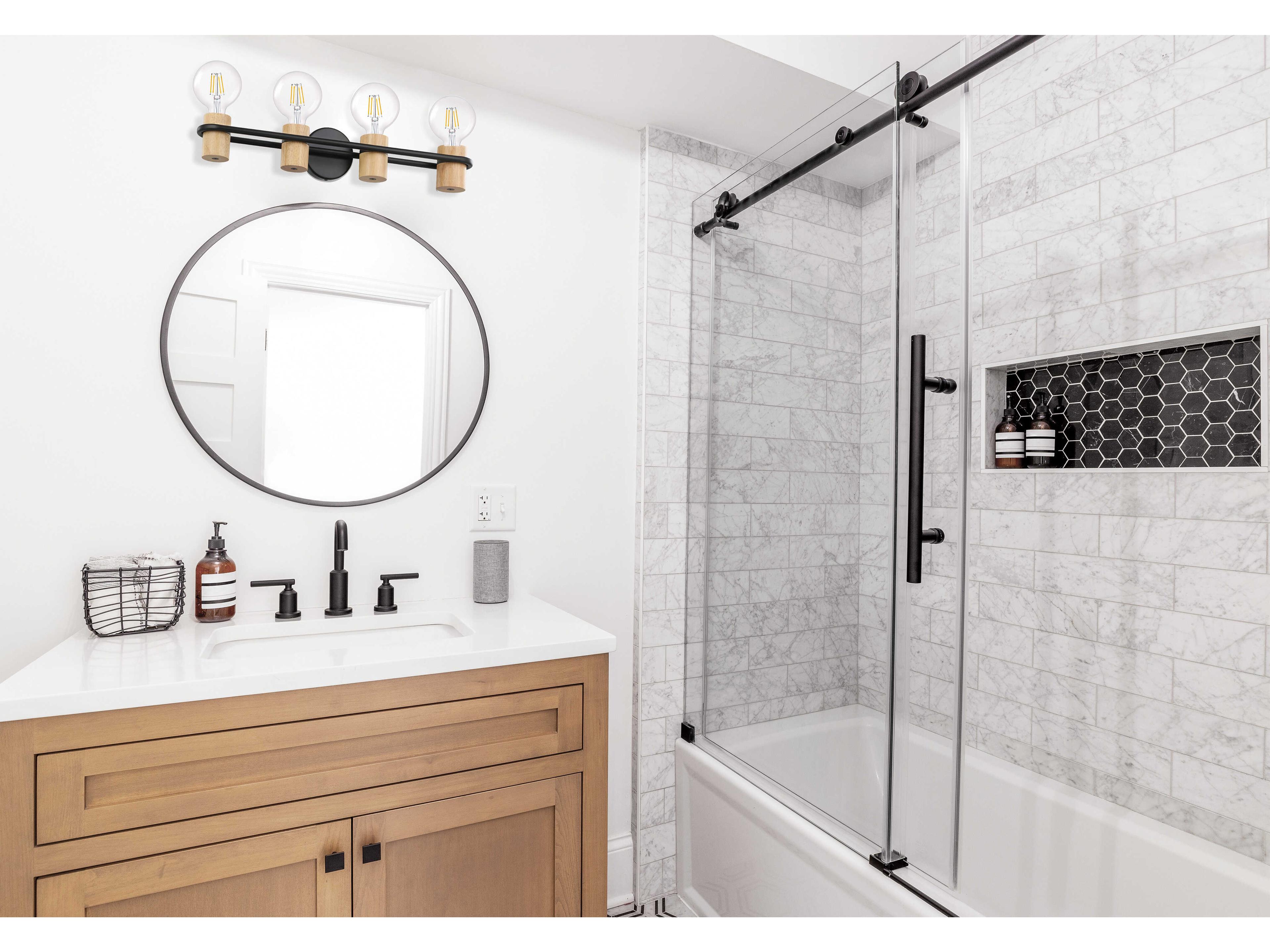 Eglo Chieveley 4-Light Matte Black Wood Brown Vanity Light