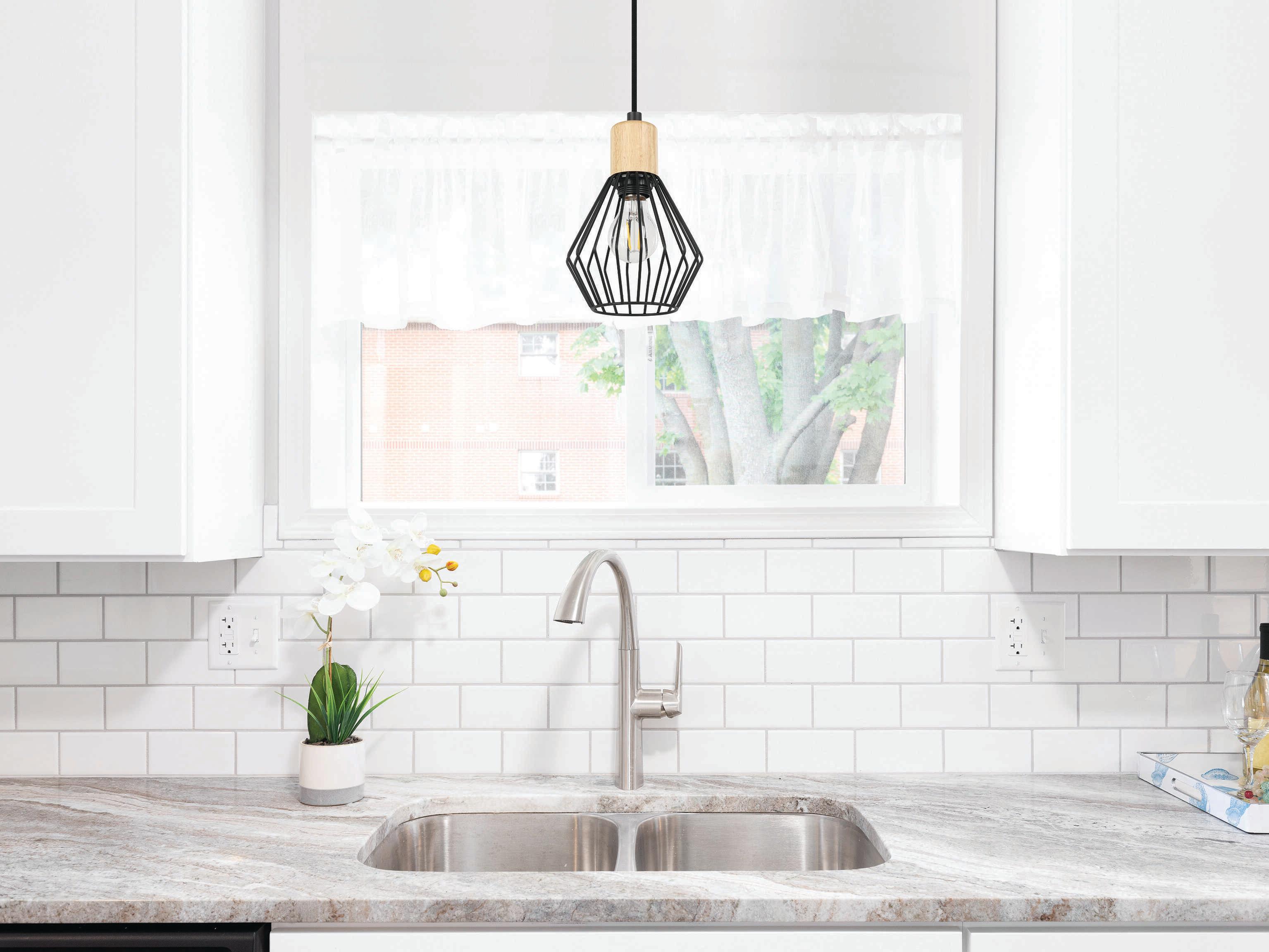 Eglo Palmorla 1-Light Structured Black Wood Geometric Mini Pendant