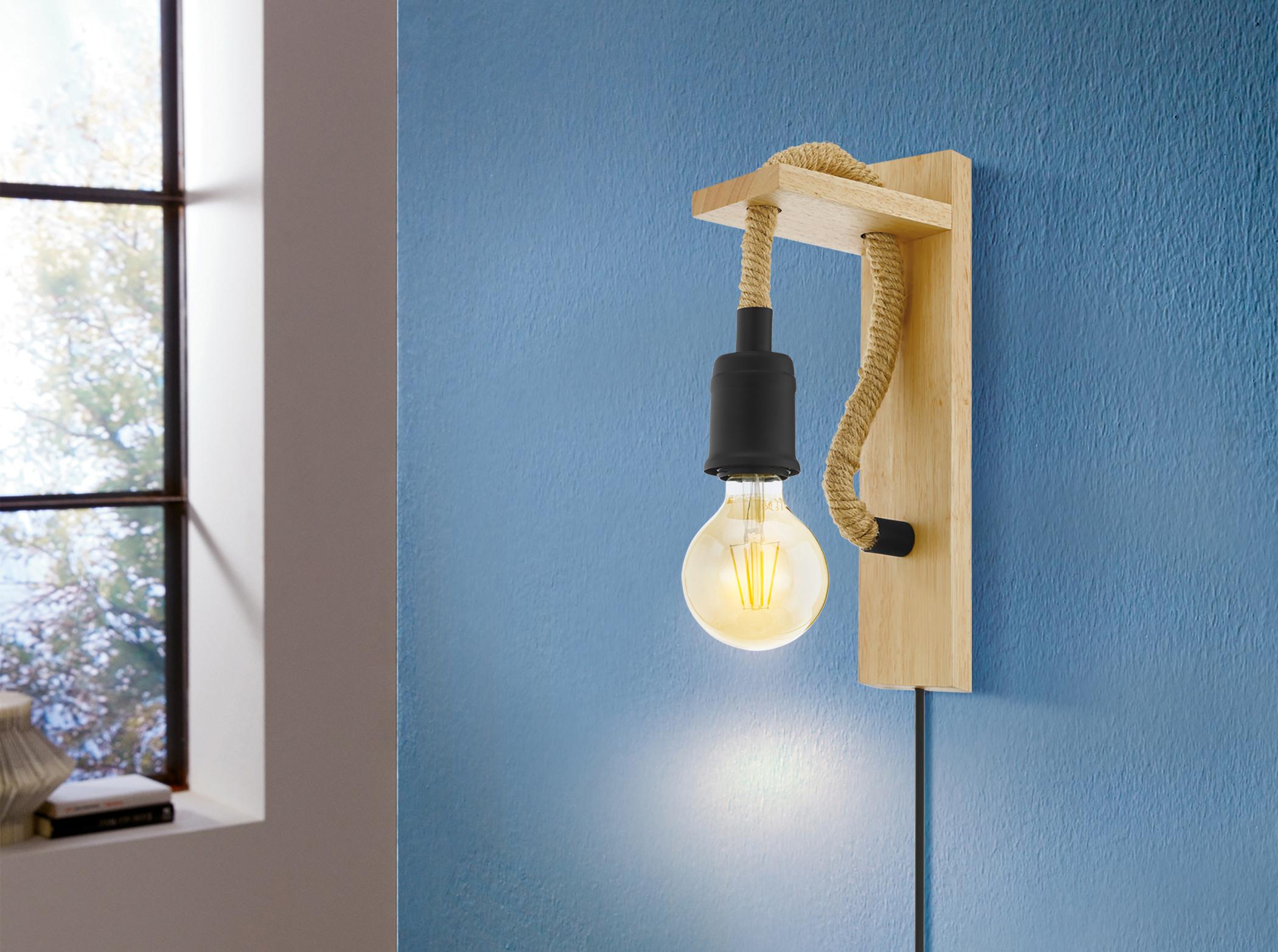 Eglo Rampside 1-Light Black Natural Wood Brown Wall Sconce