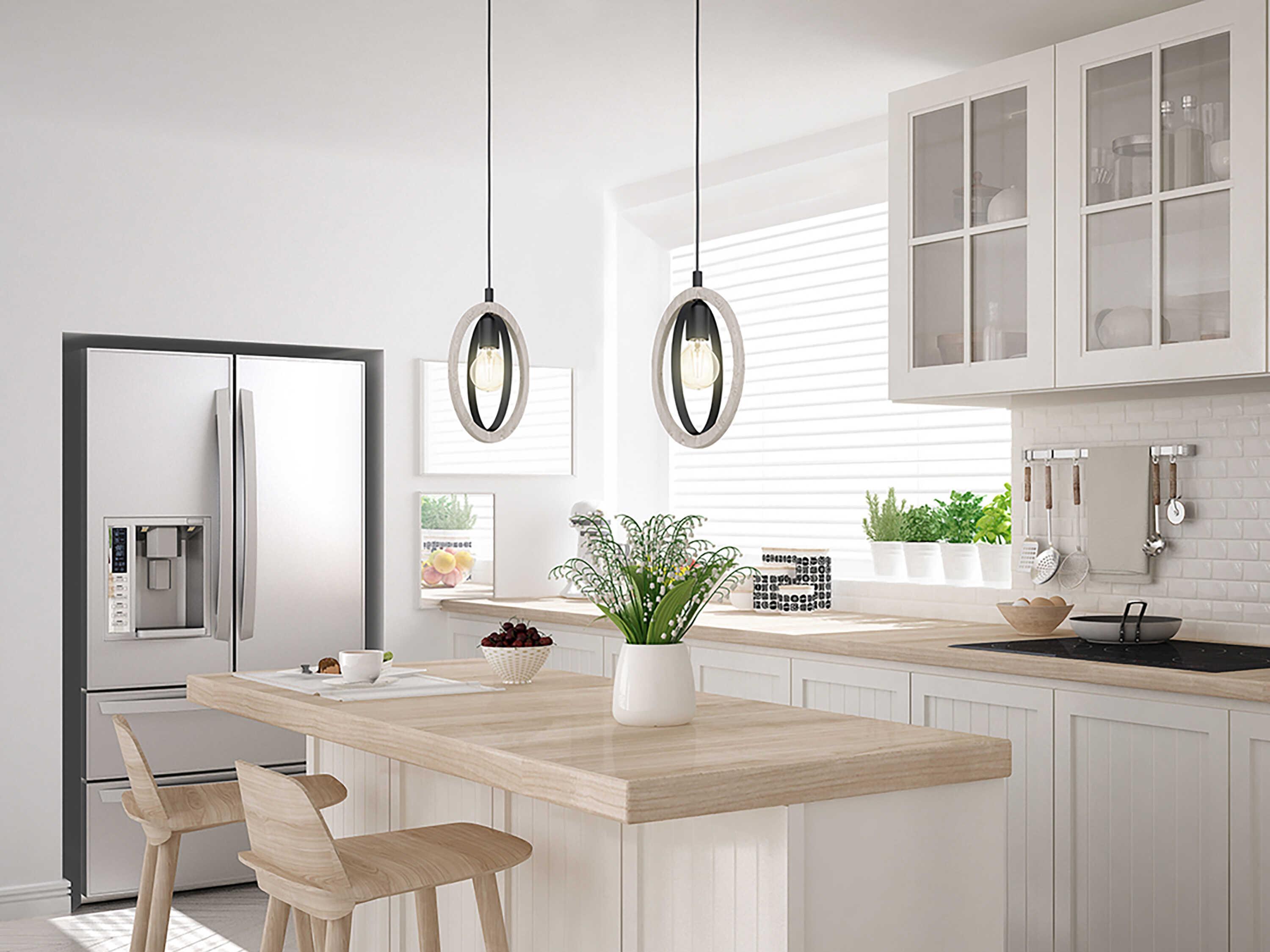 Eglo Basildon 1-Light Natural Wood Black Round Mini Pendant