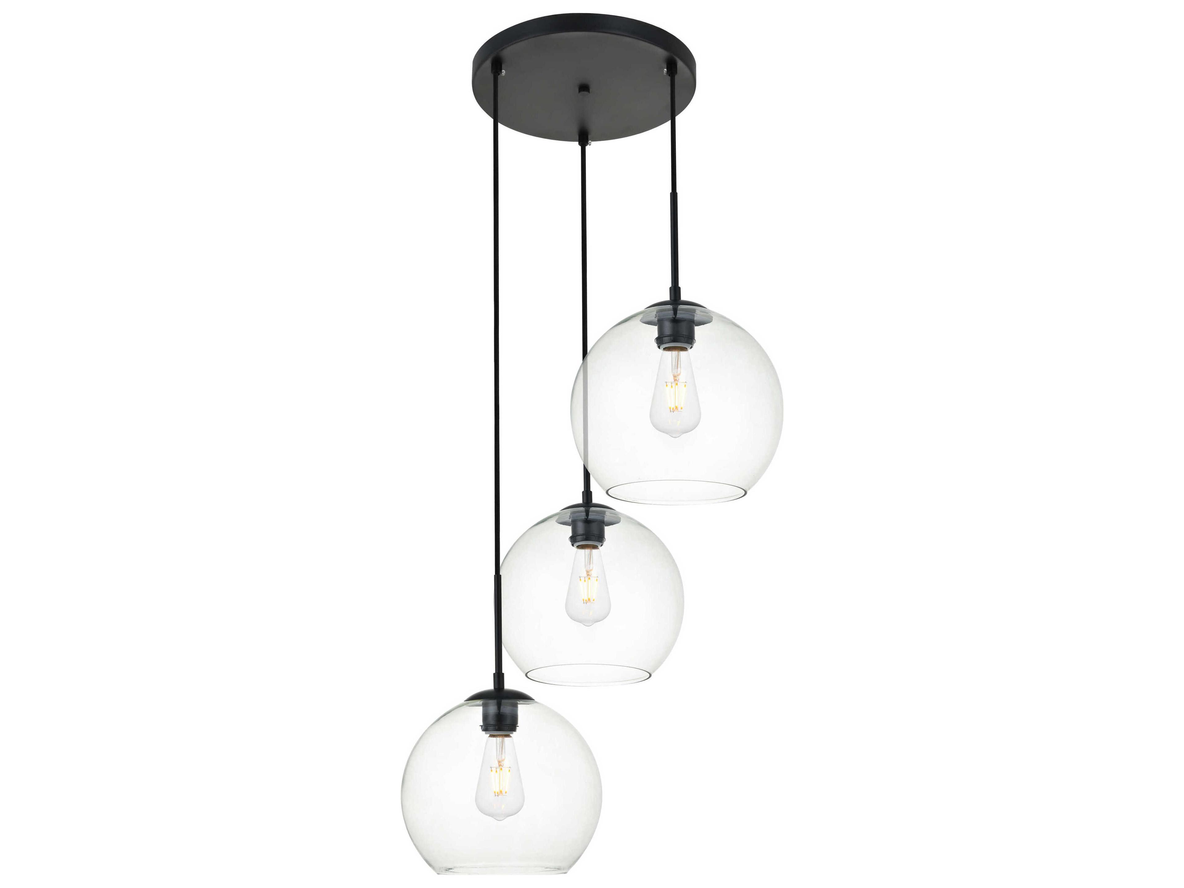 Elegant Lighting Baxter 3-Light Black And Clear Glass Globe Pendant