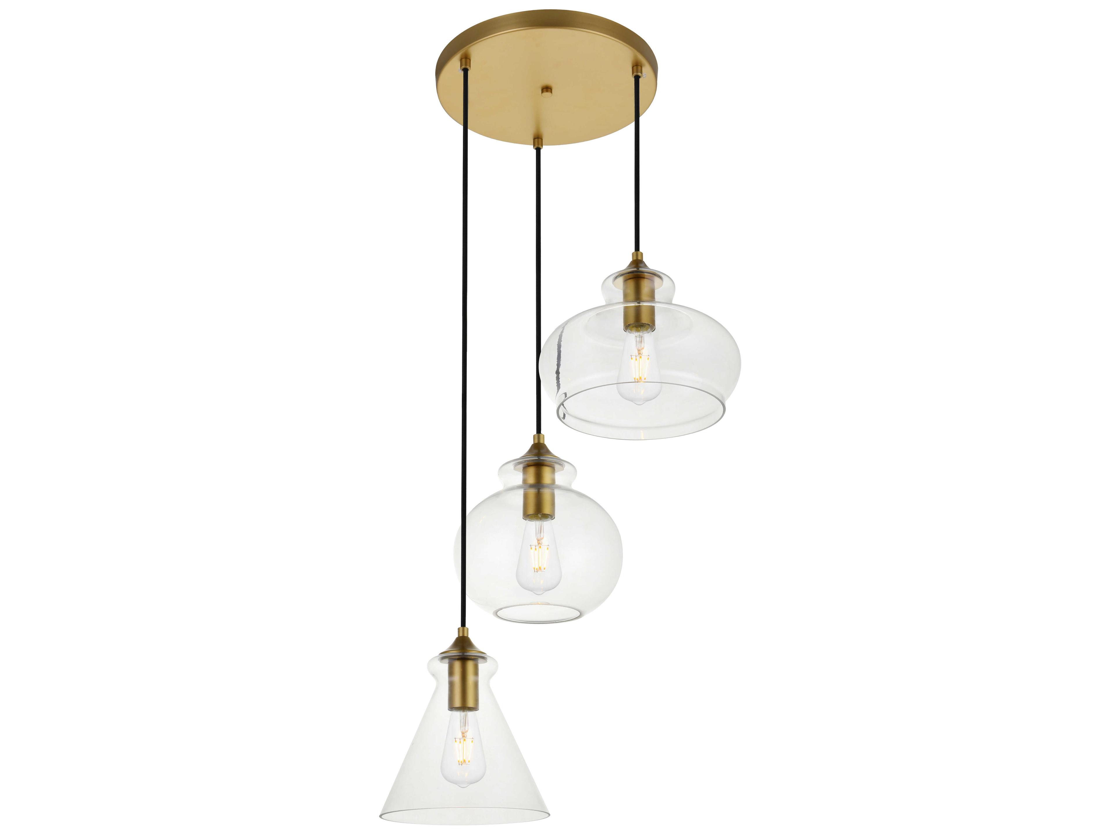 Elegant Lighting Destry 3-Light Brass Glass Geometric Pendant