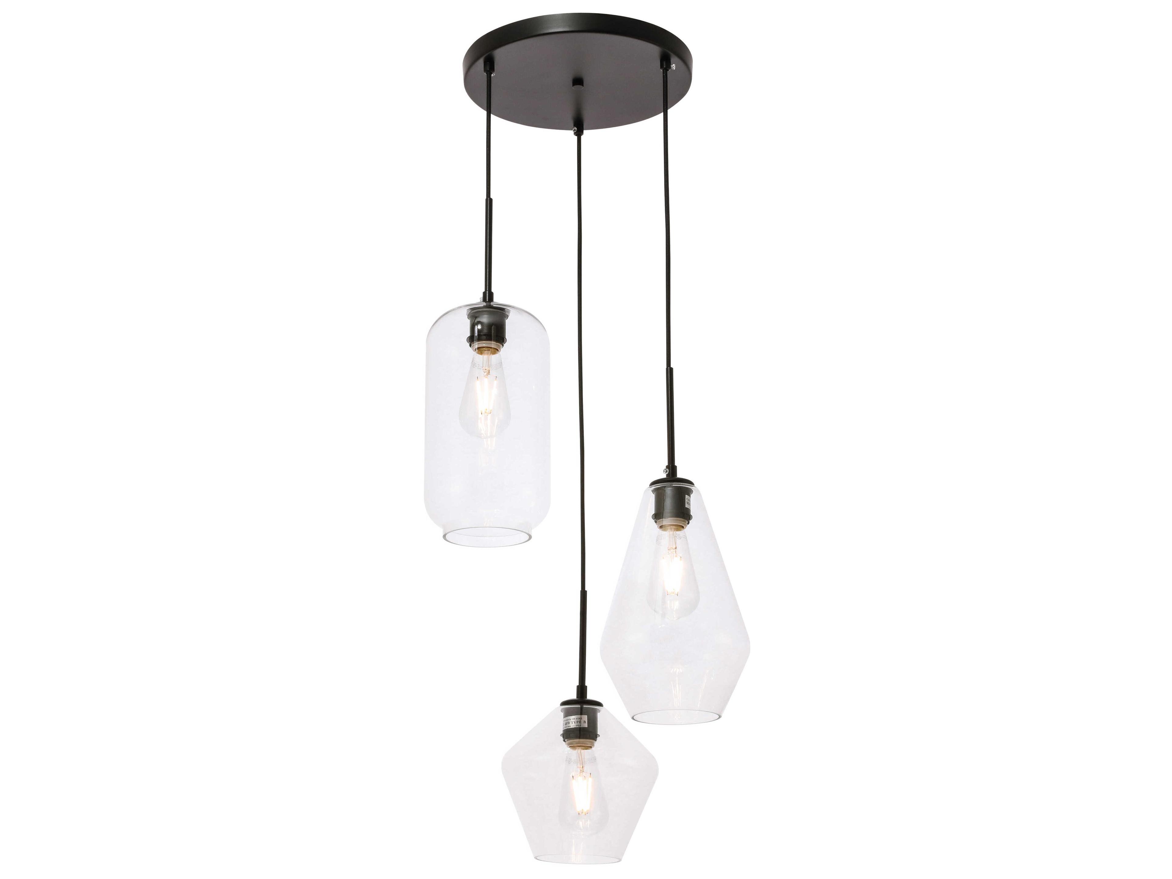 Elegant Lighting Gene 3-Light Black Glass Pendant