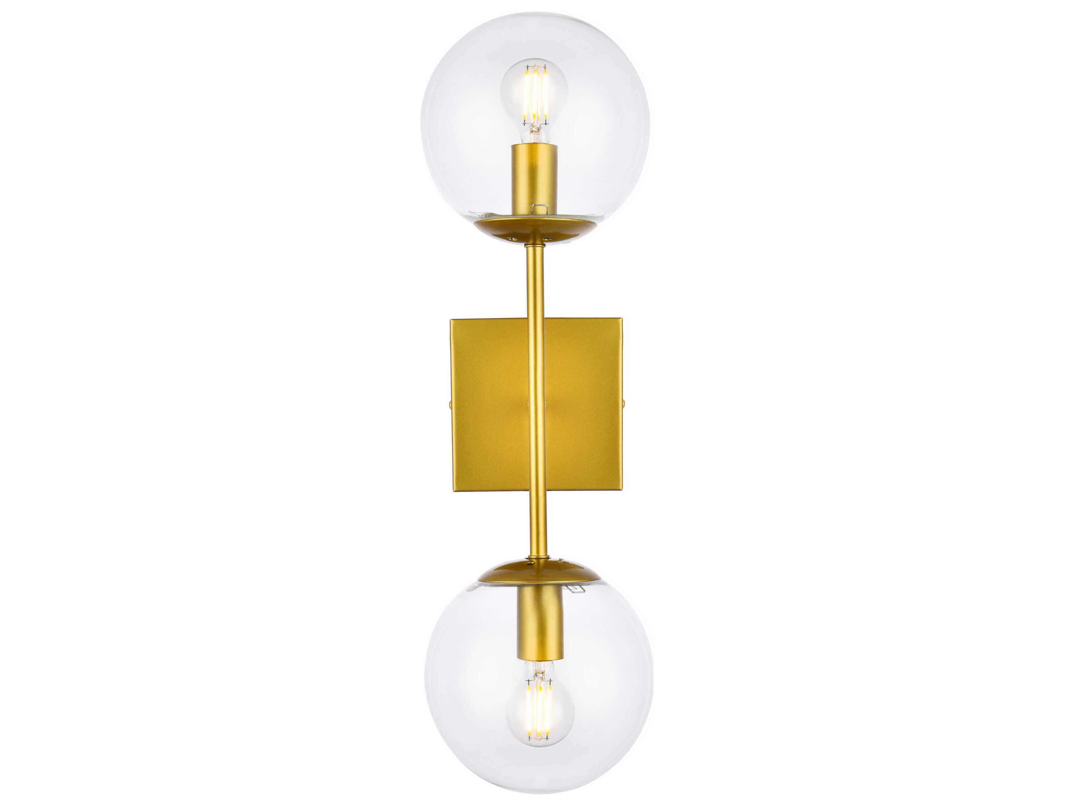 Elegant Lighting Neri 2-Light Brass And Clear Glass Wall Sconce