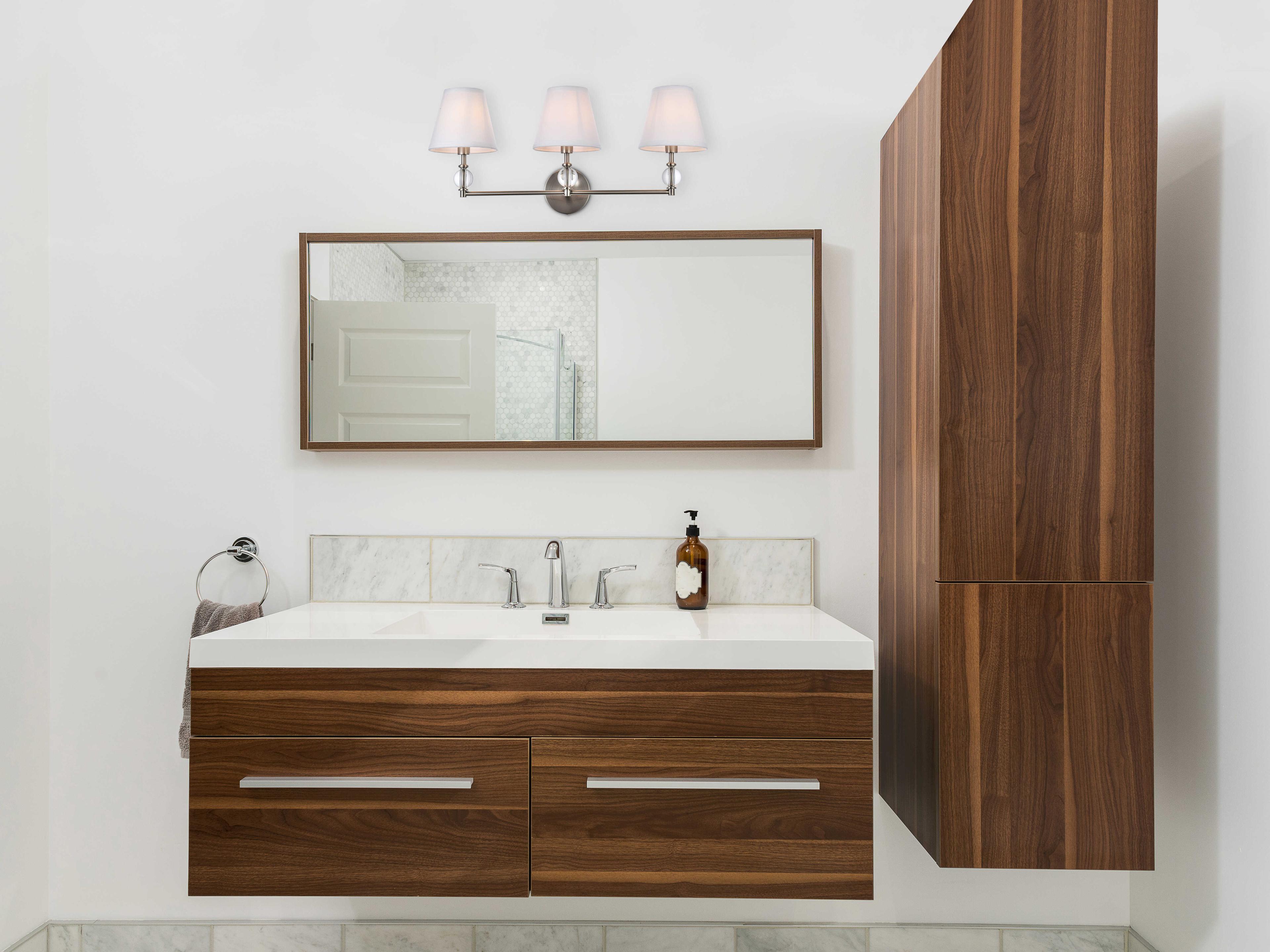 Elegant Lighting Bethany 3-Light Satin Nickel And White Fabric Shade Crystal Vanity Light